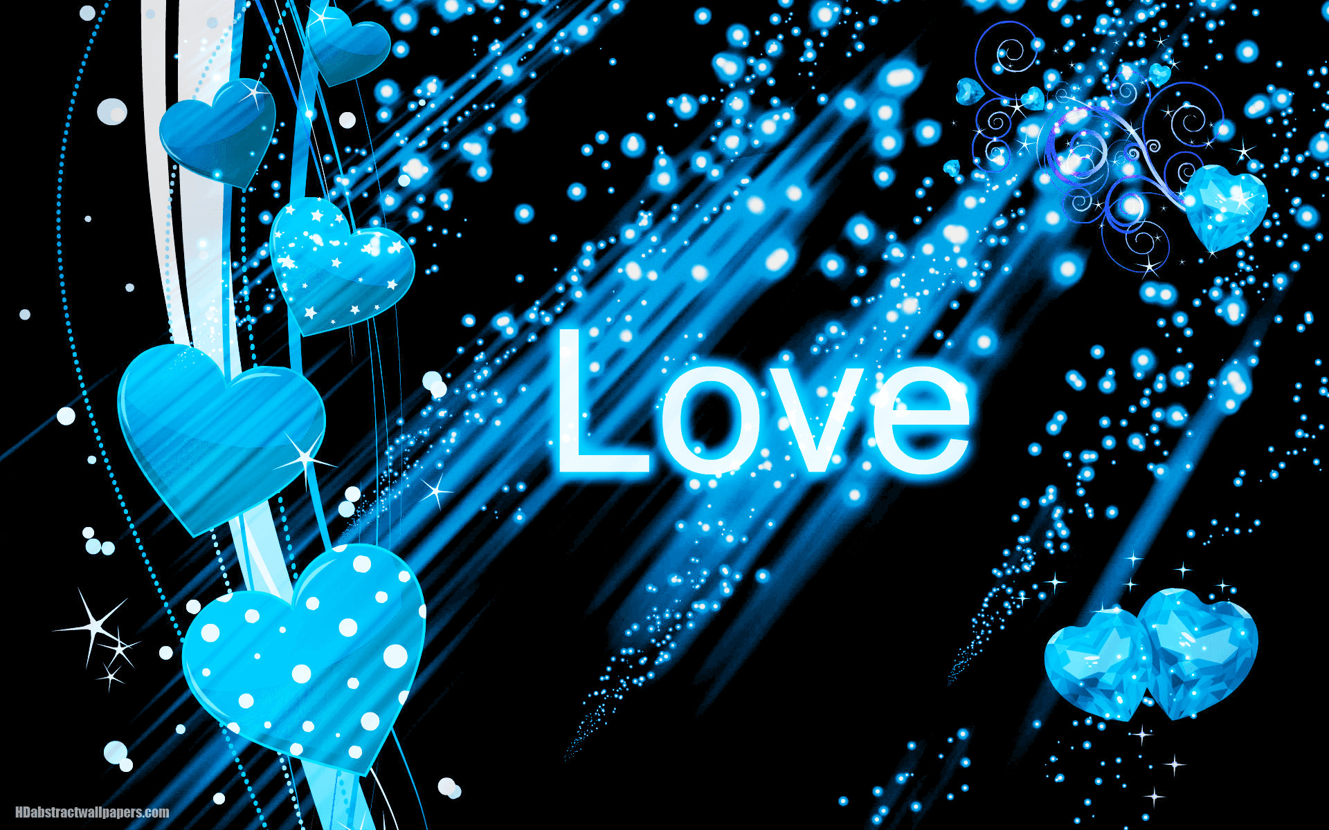 Beautiful black abstract wallpaper with blue love hearts and the text love. Send this background to your boy or girlfriend, just to say that you are deeply