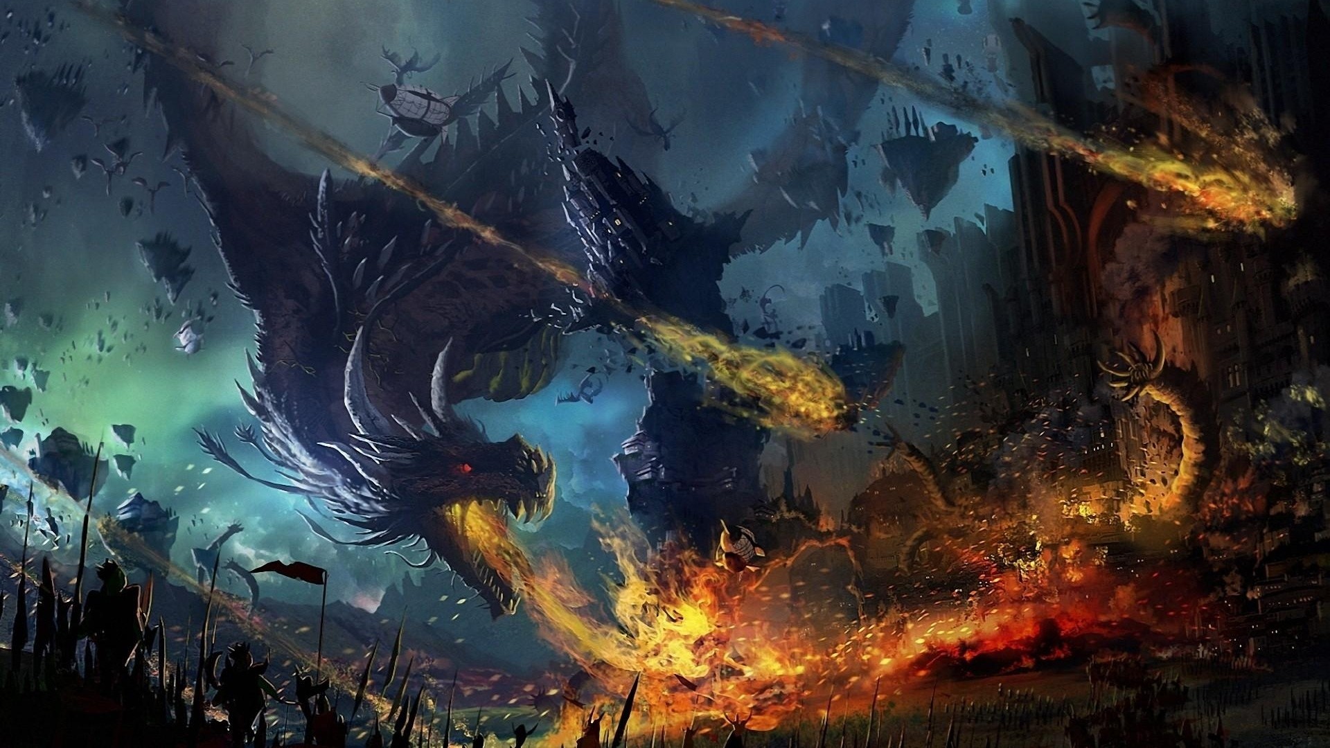 Preview wallpaper dragon, fall, fire, flame, war, battle 1920×1080