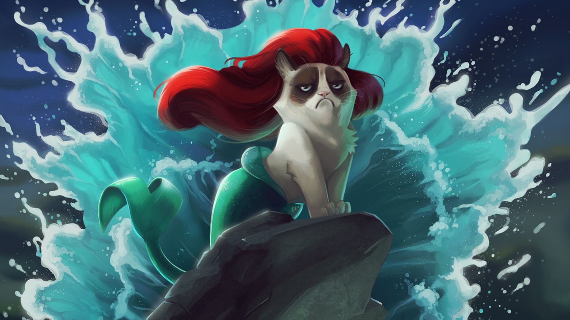Wallpaper cat, mermaid, cartoon, grumpy cat