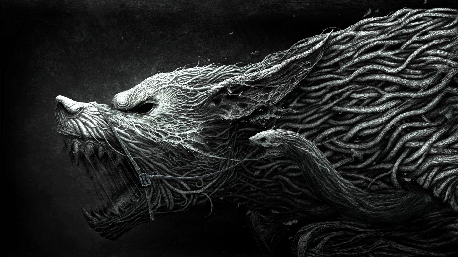 Preview wallpaper wolf, teeth, drawing, aggression, black, white 1920×1080