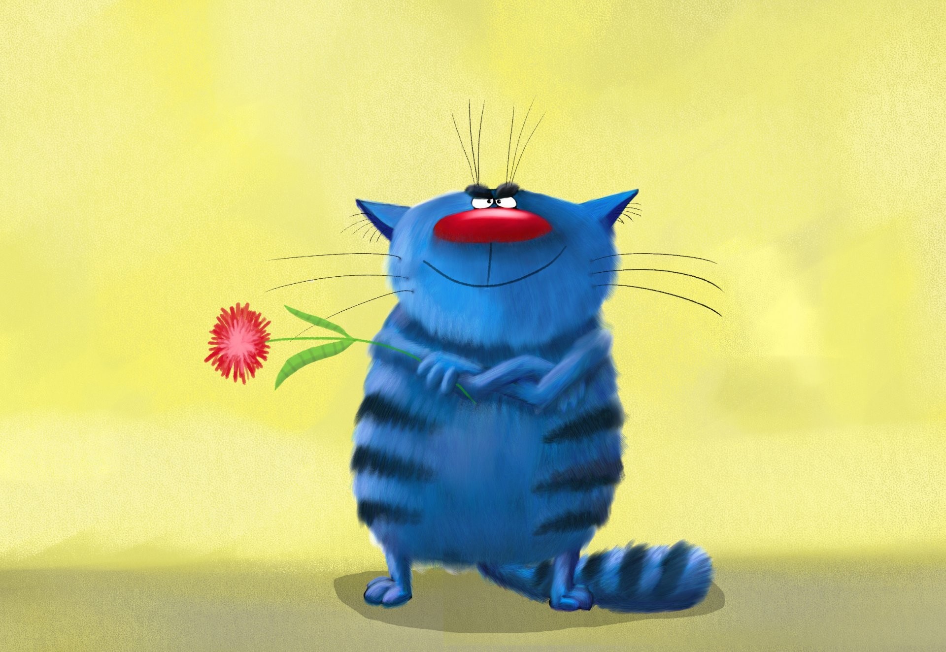 art painting pattern painting cat funny striped blue cool cat smiles holds  in the paws flower
