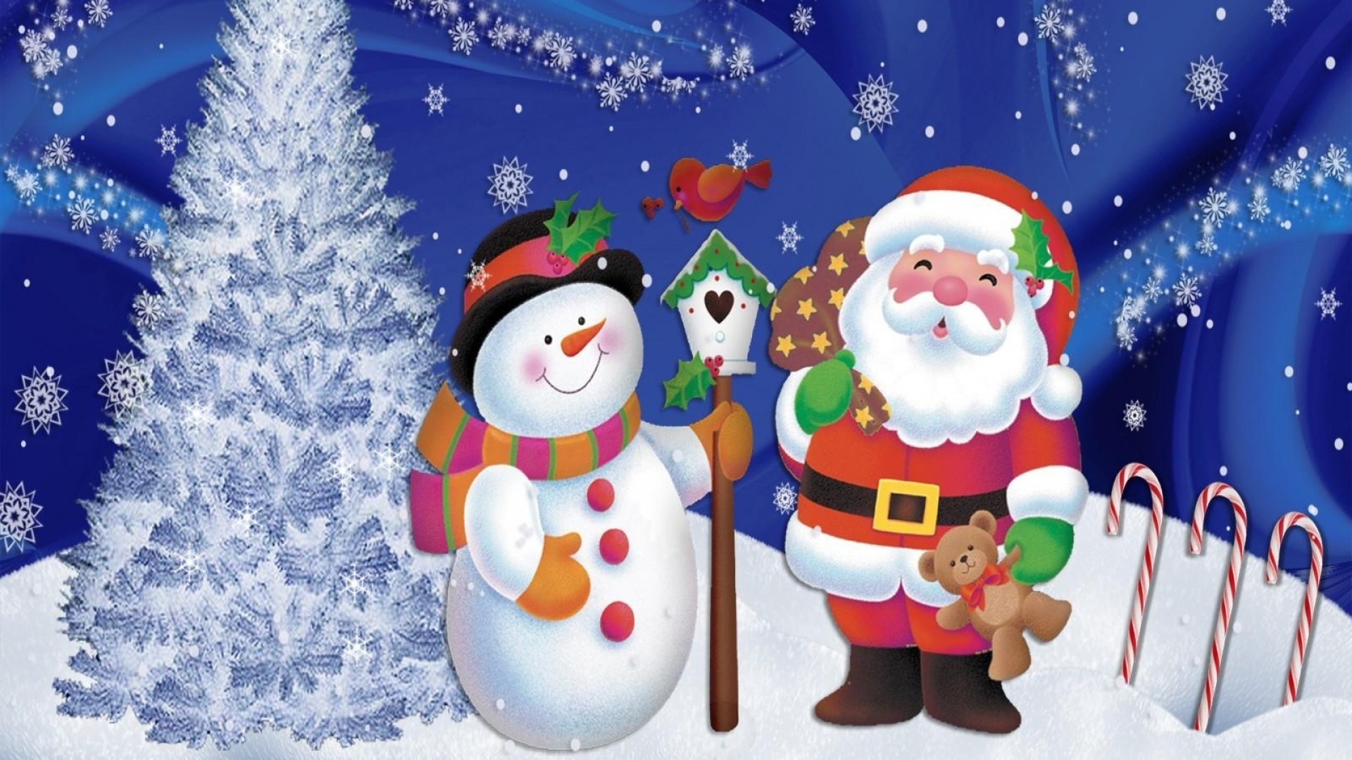 Wallpaper santa claus, snowman, christmas, tree, snowflakes, postcard