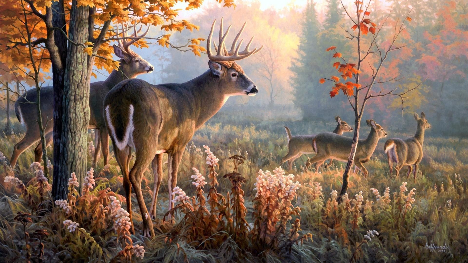 Deers in the forest – Nature painting art wallpaper