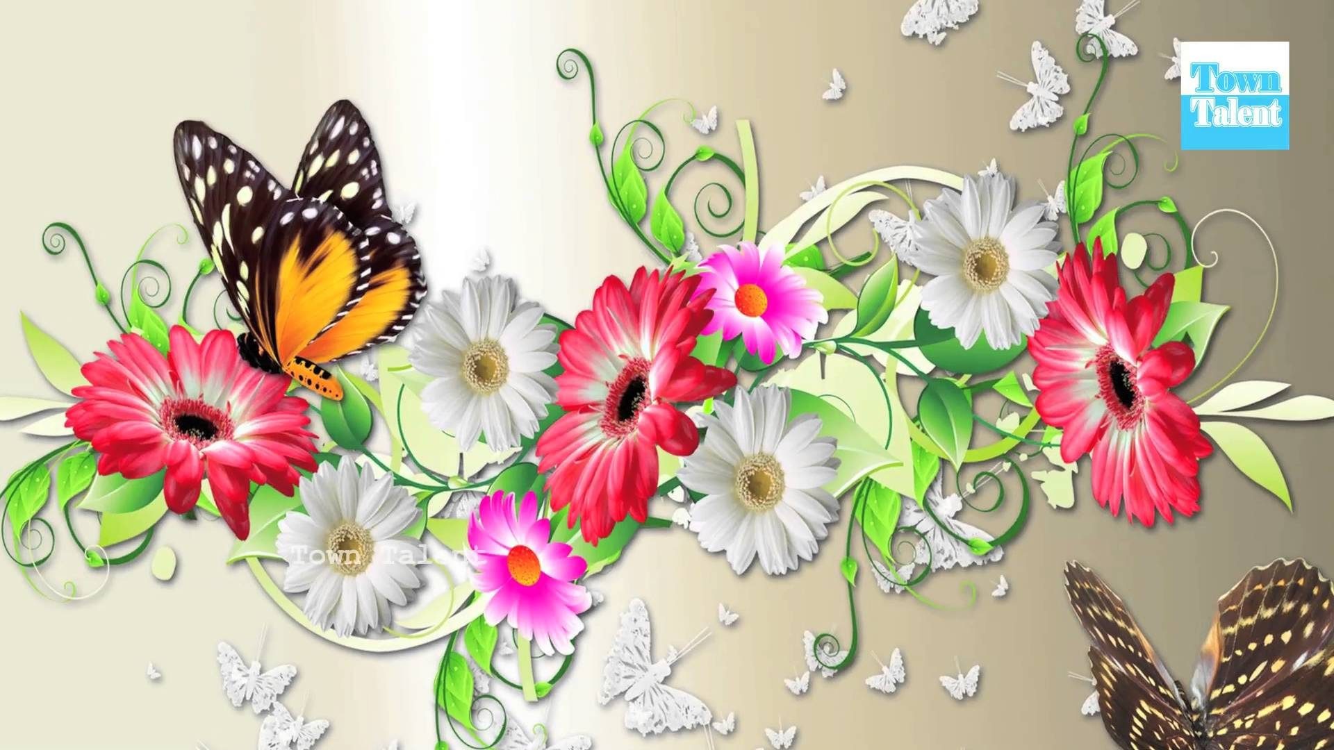 Differet flowers and beautiful butterfly wallpaper