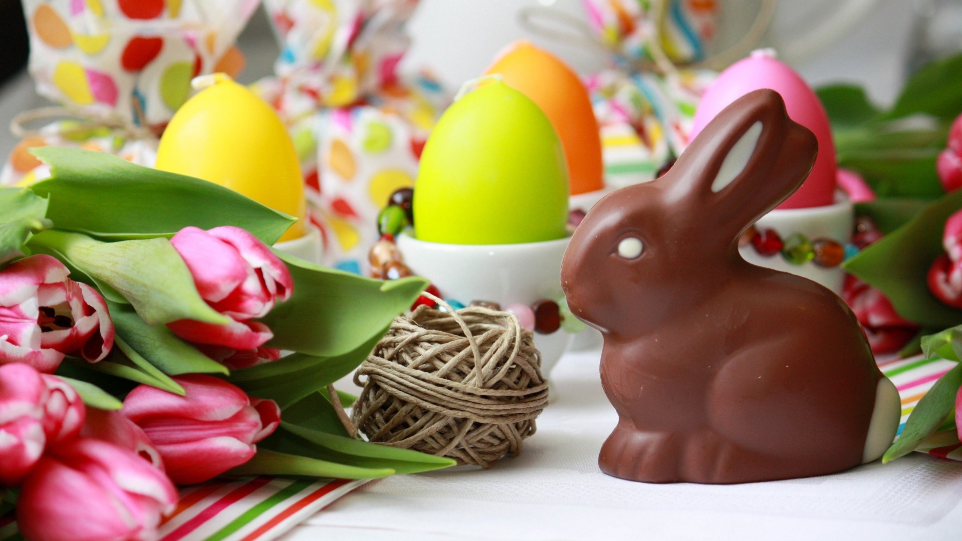 Wallpaper easter bunny, chocolate, tulips, eggs, table