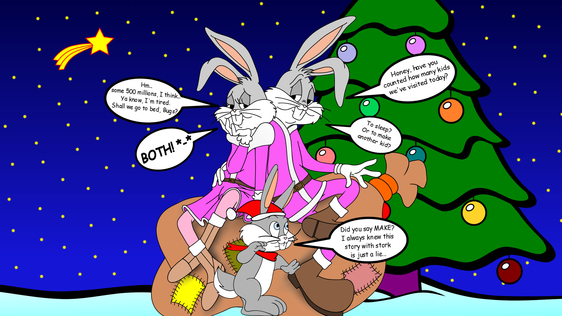 Christmas wallpaper with Bugs Bunny, his girlfriend Honey Bunny and Clyde  Rabbit