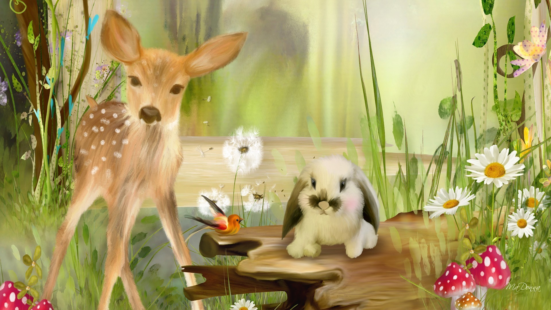 Sweet fawn and spring bunny wallpaper