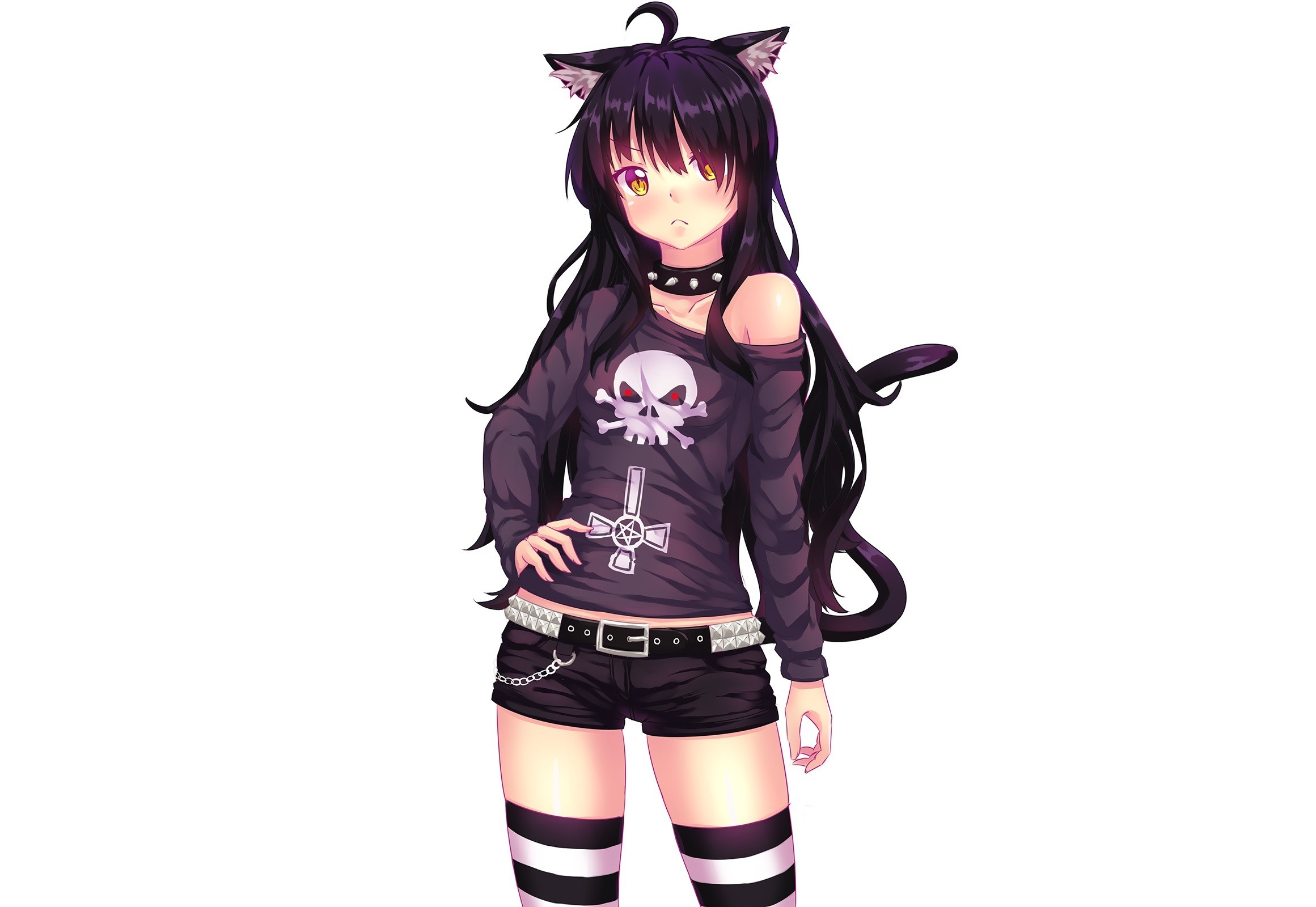 Anime white background simple background animal ears black hair cat girl chains choker fast