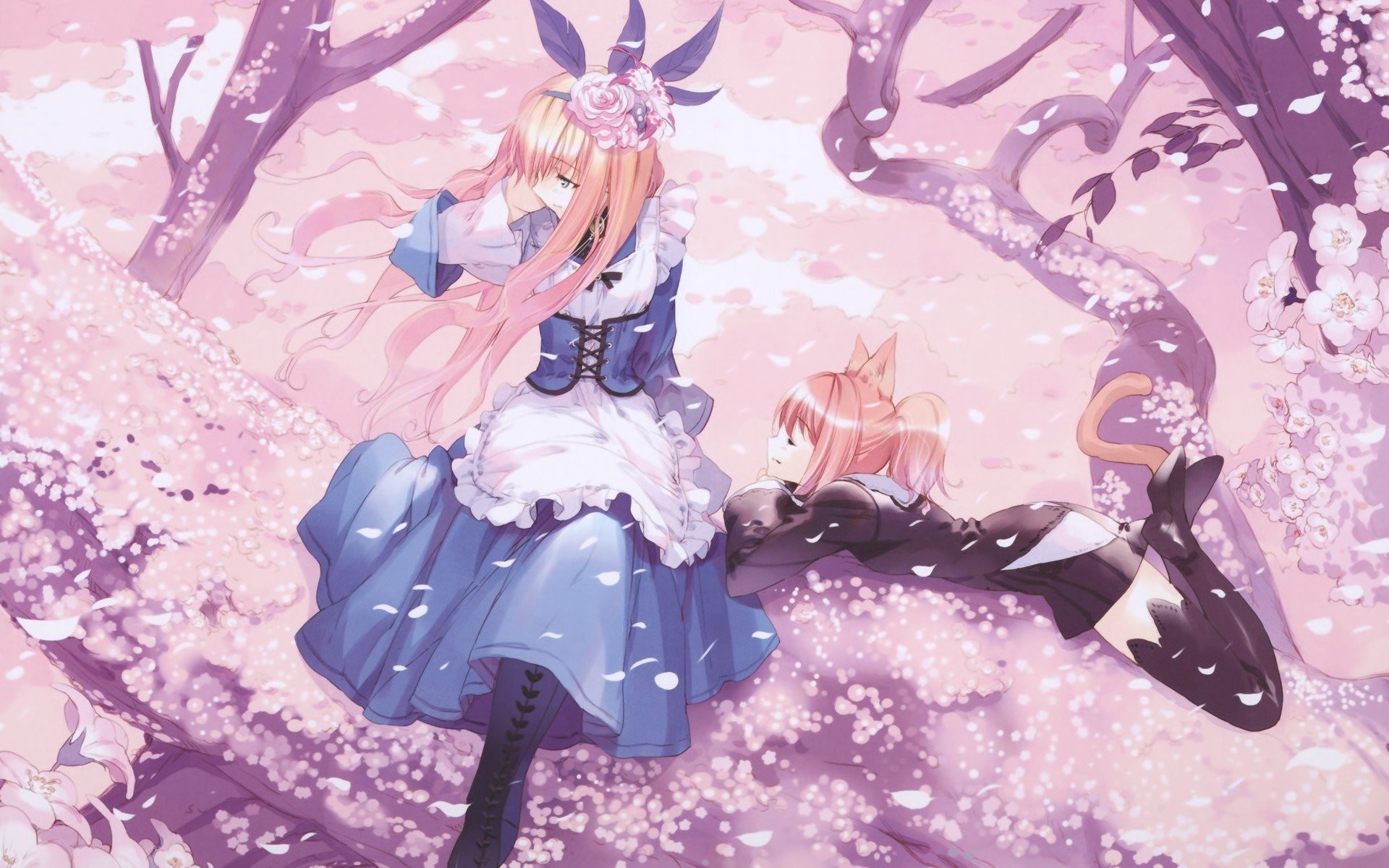 Trees Anime Girls Cat Ears Cherry Blossom Dresses
