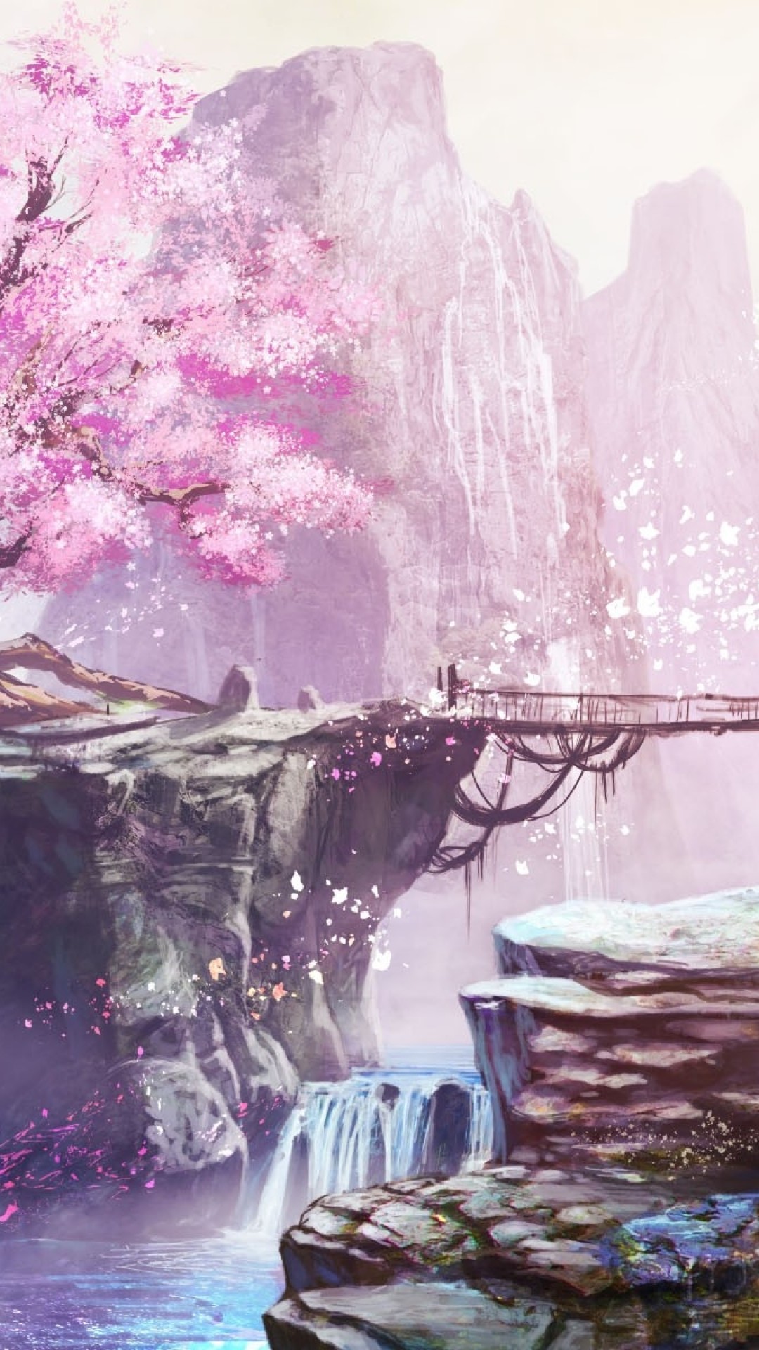Anime Landscape, Cherry Blossom, Bridge, Waterfall, Anime Girl, Nature
