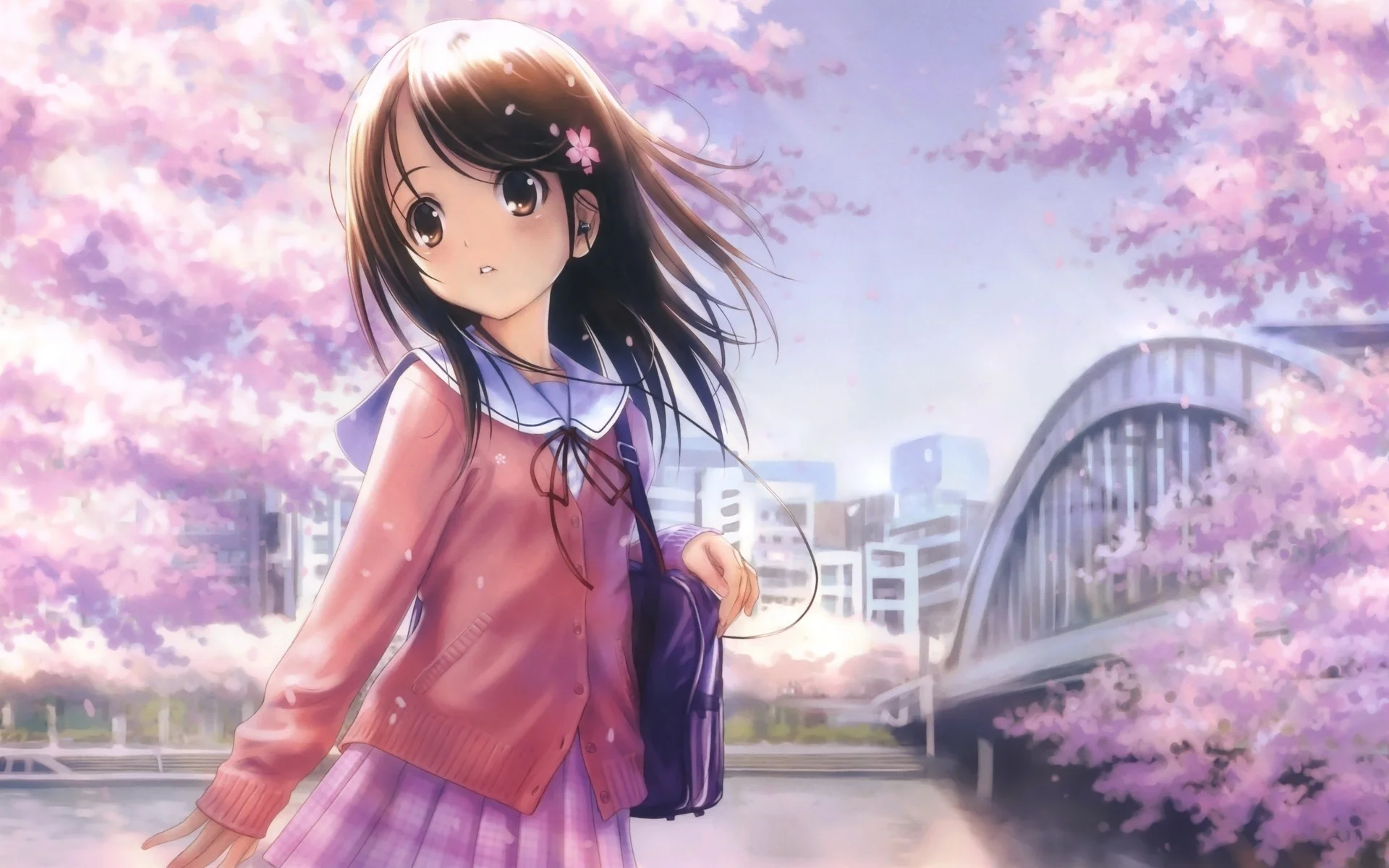 anime Girls, Shirt, City, Bridge, Original Characters, Cherry Blossom,  School Uniform Wallpapers HD / Desktop and Mobile Backgrounds