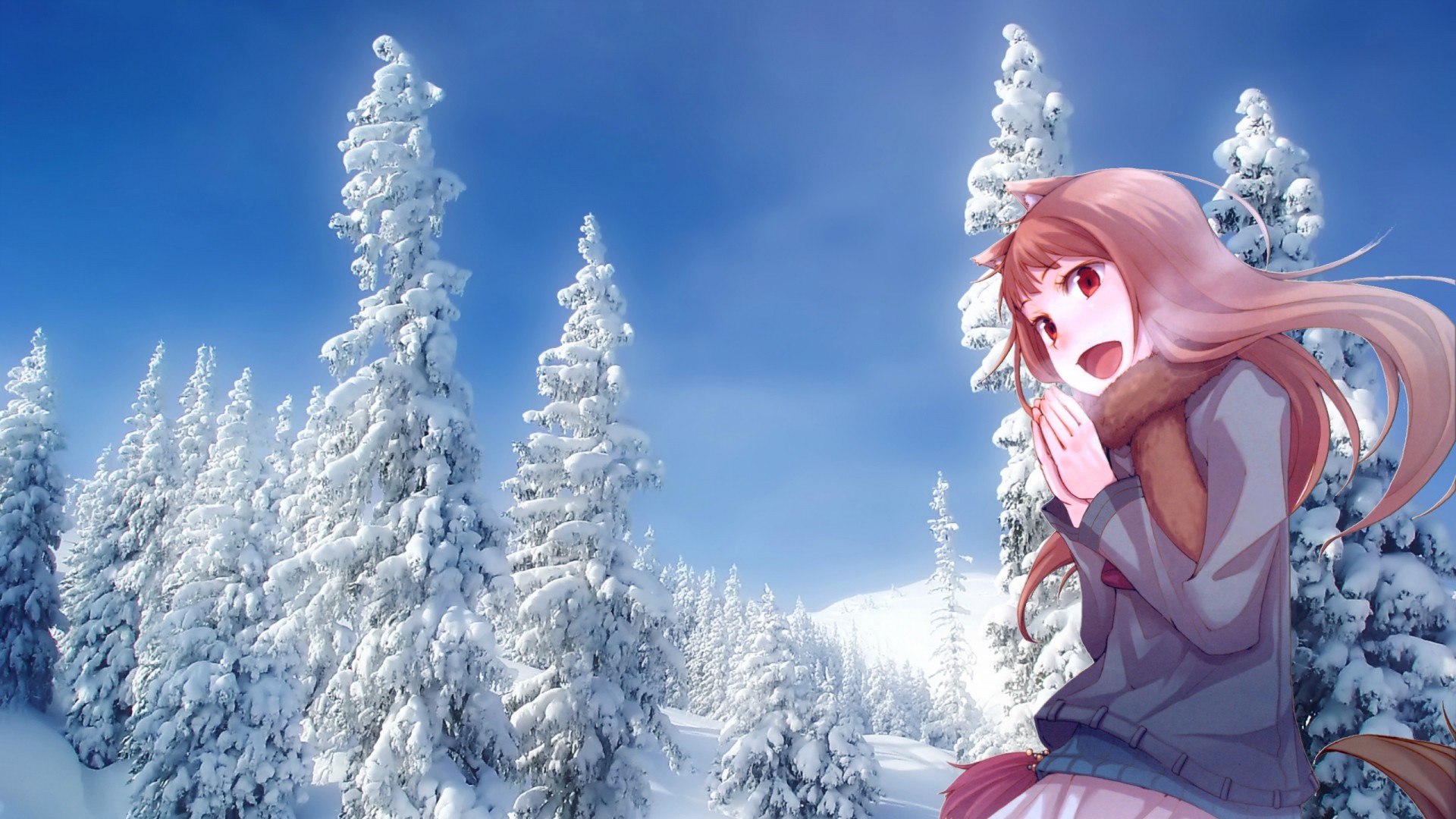 Preview wallpaper girl, spice wolf, winter, cold, forest 1920×1080