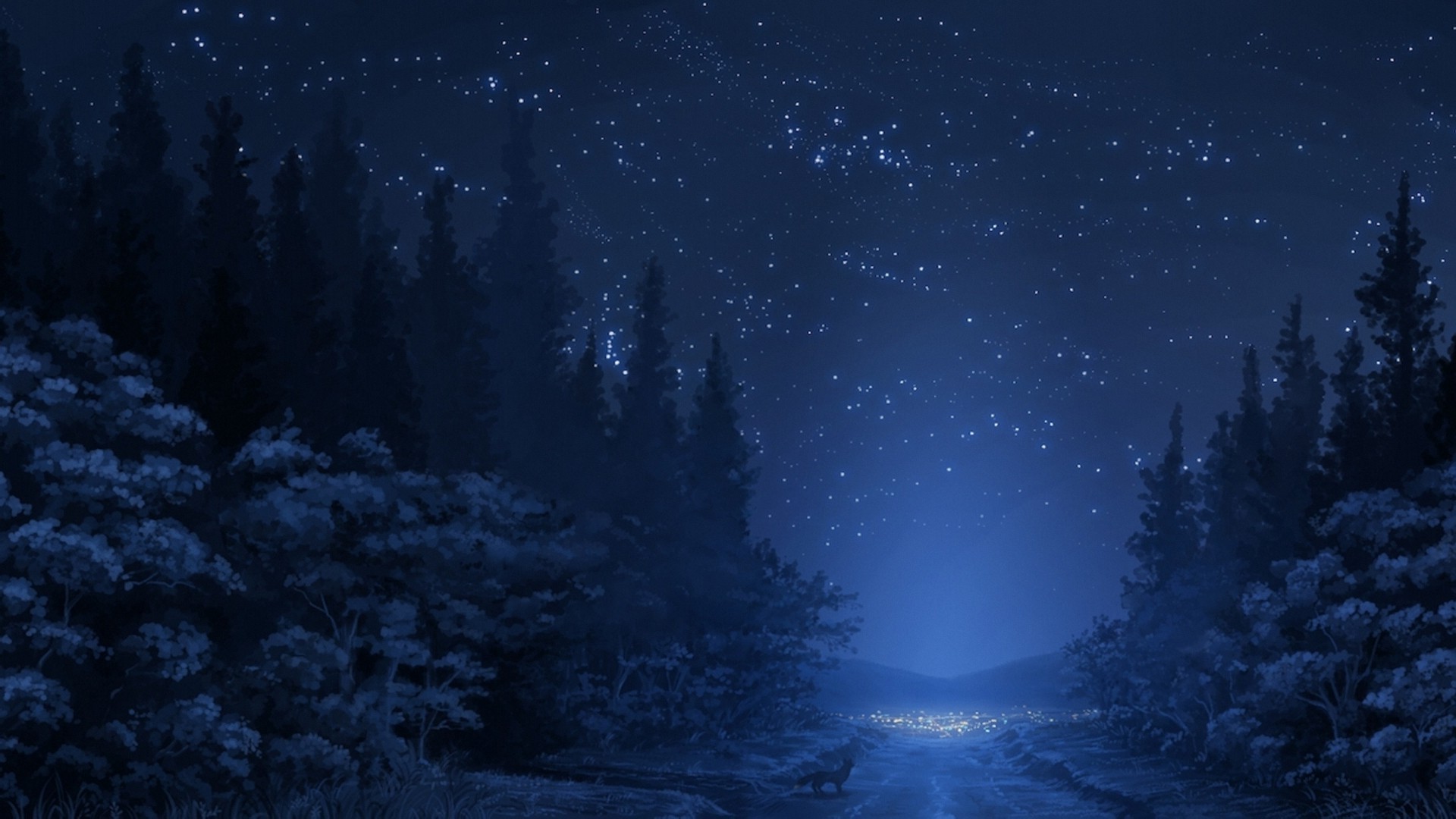 road, Stars, Night, Fox, Forest, Trees, Anime Wallpapers HD / Desktop and  Mobile Backgrounds