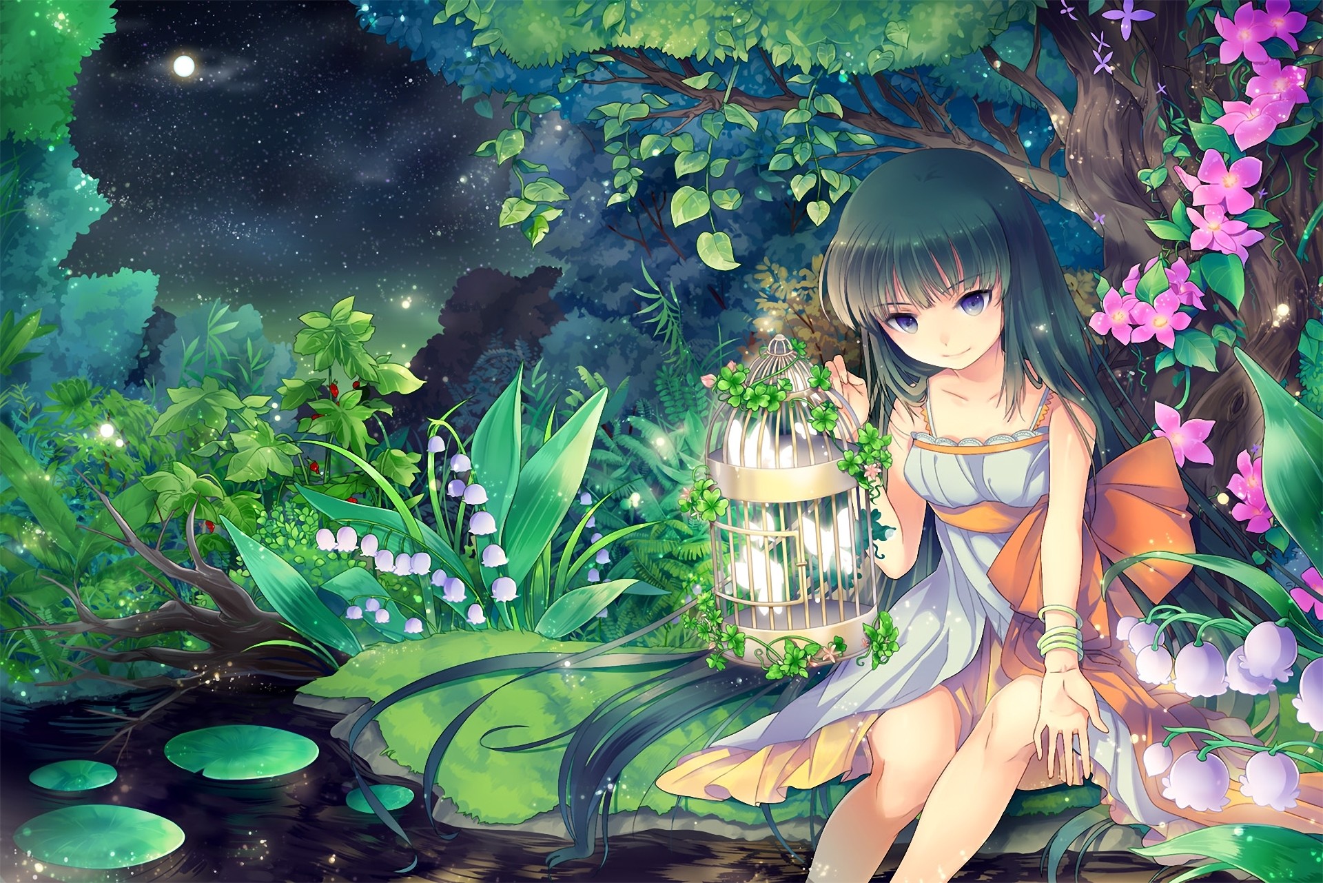 Anime – Girl Anime Purple Eyes Spring Pond Flower Tree Birdcage Night Moon Wallpaper
