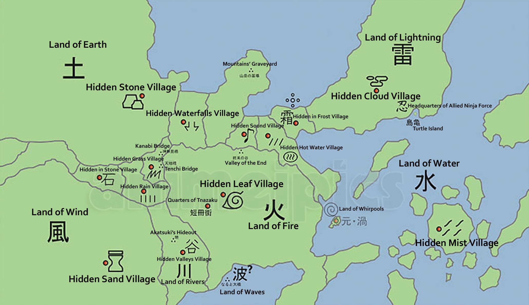 Naruto World Map Lands and Hidden Villages