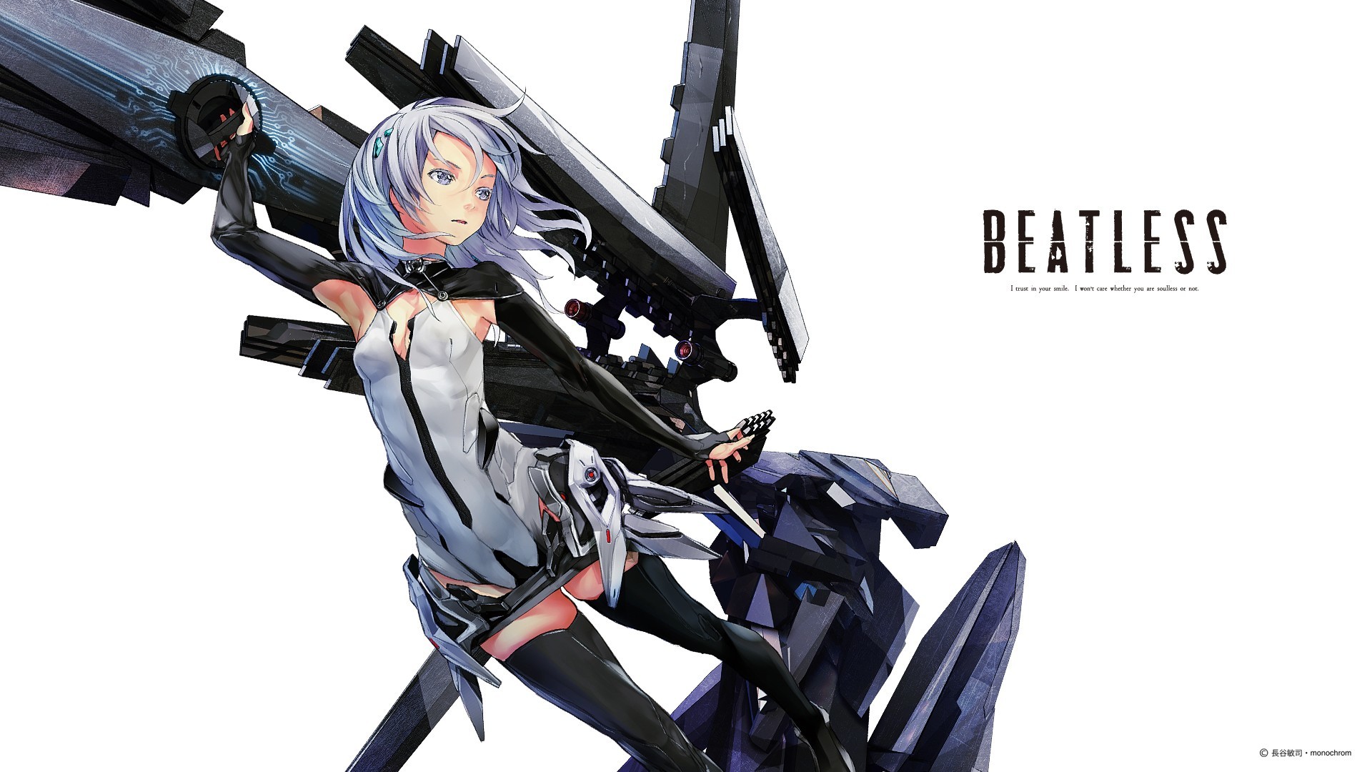Anime Girls Beatless Detached Sleeves Gray Eyes Mecha Musume Redjuice Short  Hair Text Weapons White Background Women …