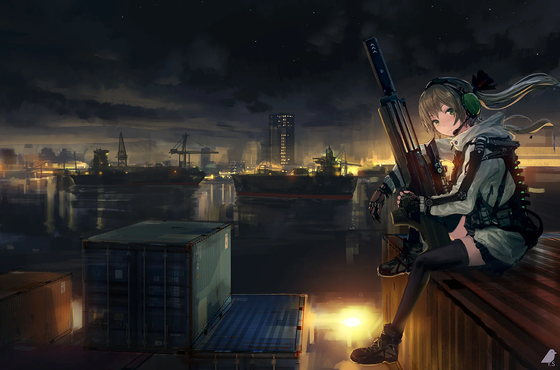 Anime girl, soldier, sitting, sniper, artwork # original resolution