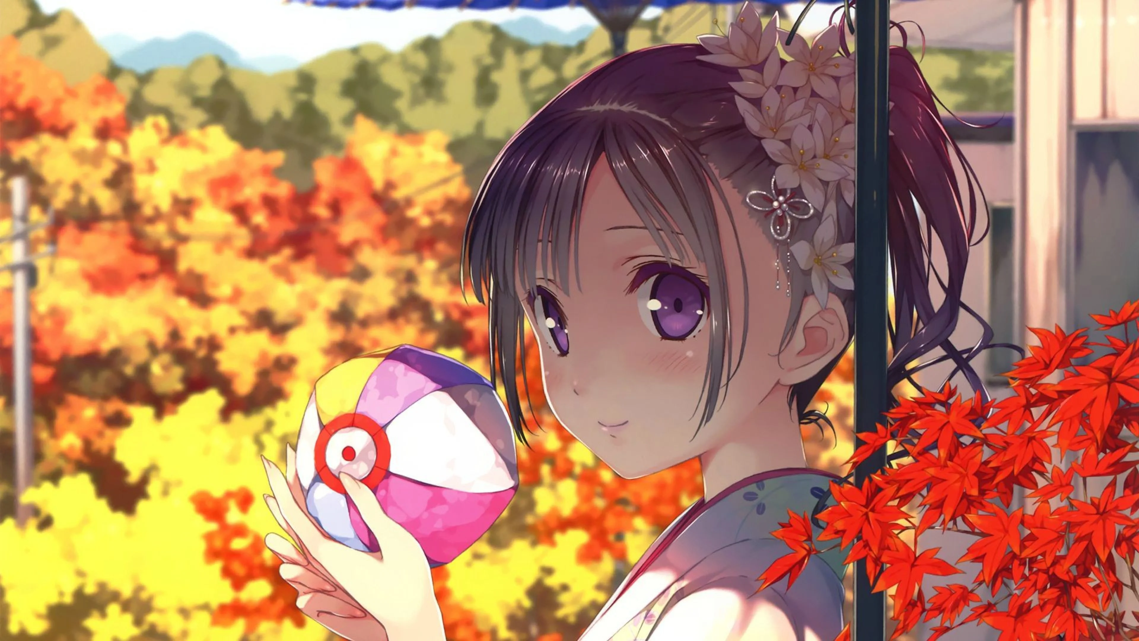 Wallpaper girl, kawaii, anime, kimono, ball, leaves