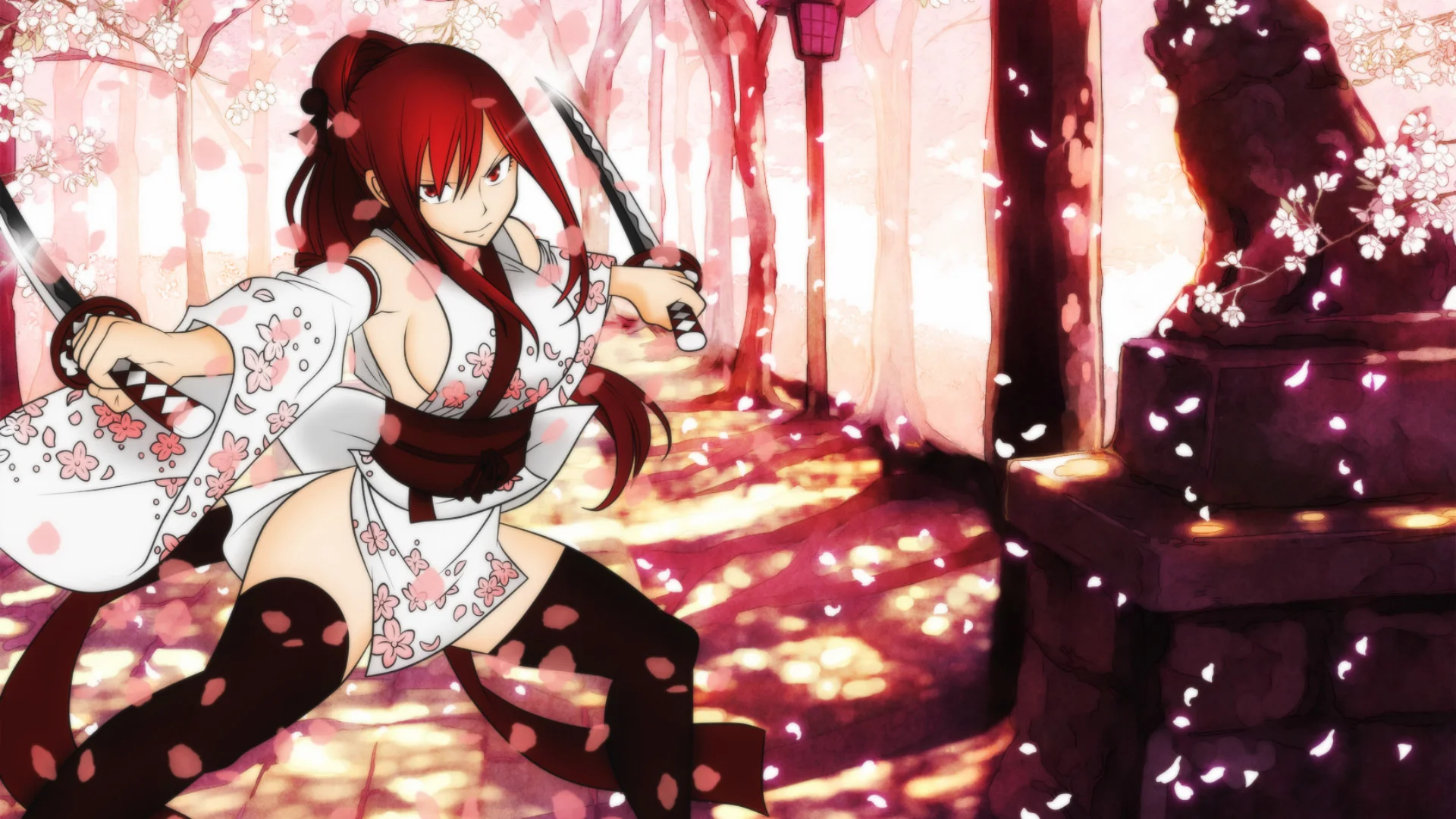 Anime – Fairy Tail Erza Scarlet Sakura Blossom Katana Yukata Red Hair Long  Hair Girl Wallpaper