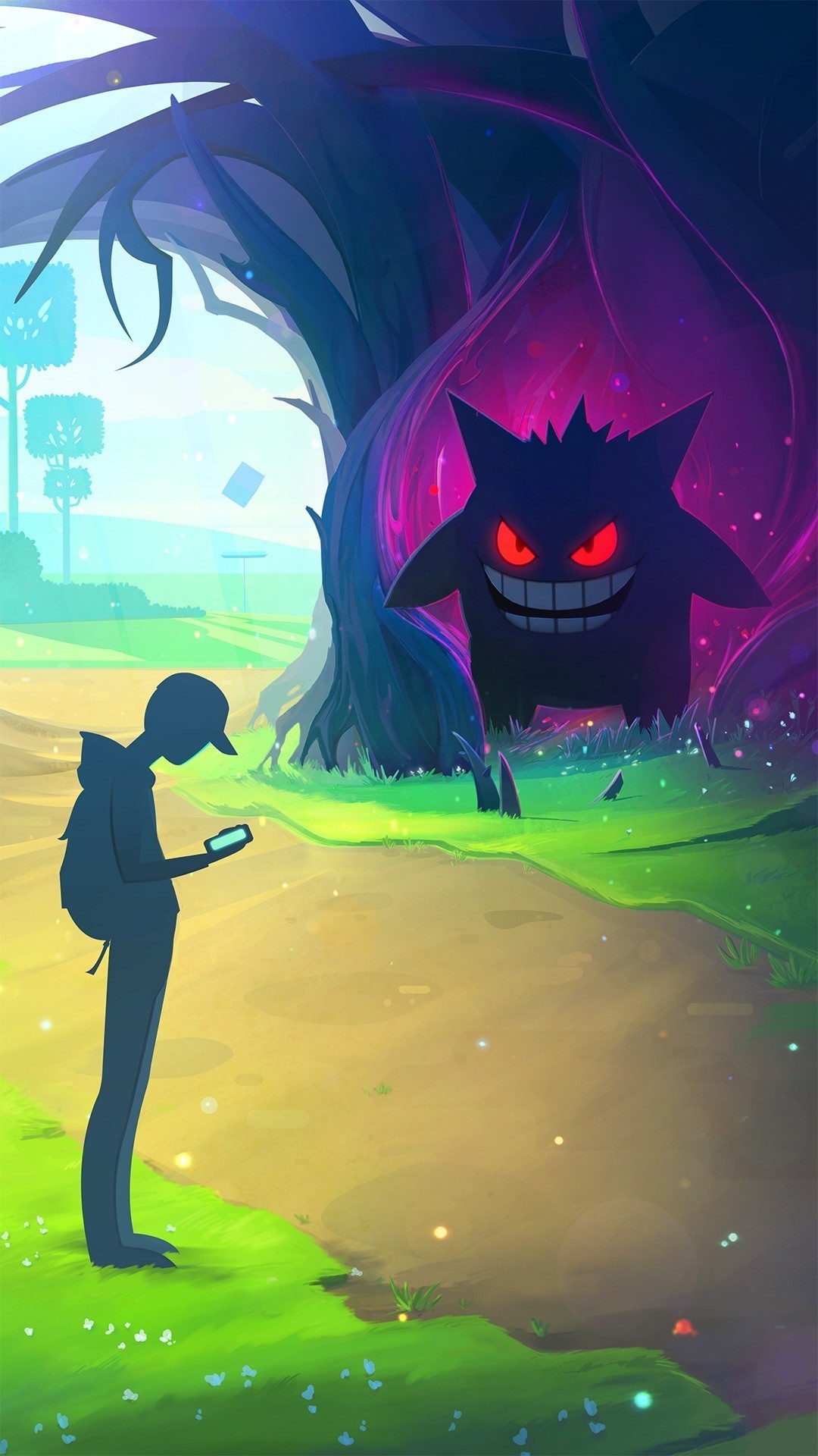 A trainer checks his Nearby radar while Gengar emerges, eyes glowing red,  from the ghostly bowels of an ancient PokÃ©mon tree.