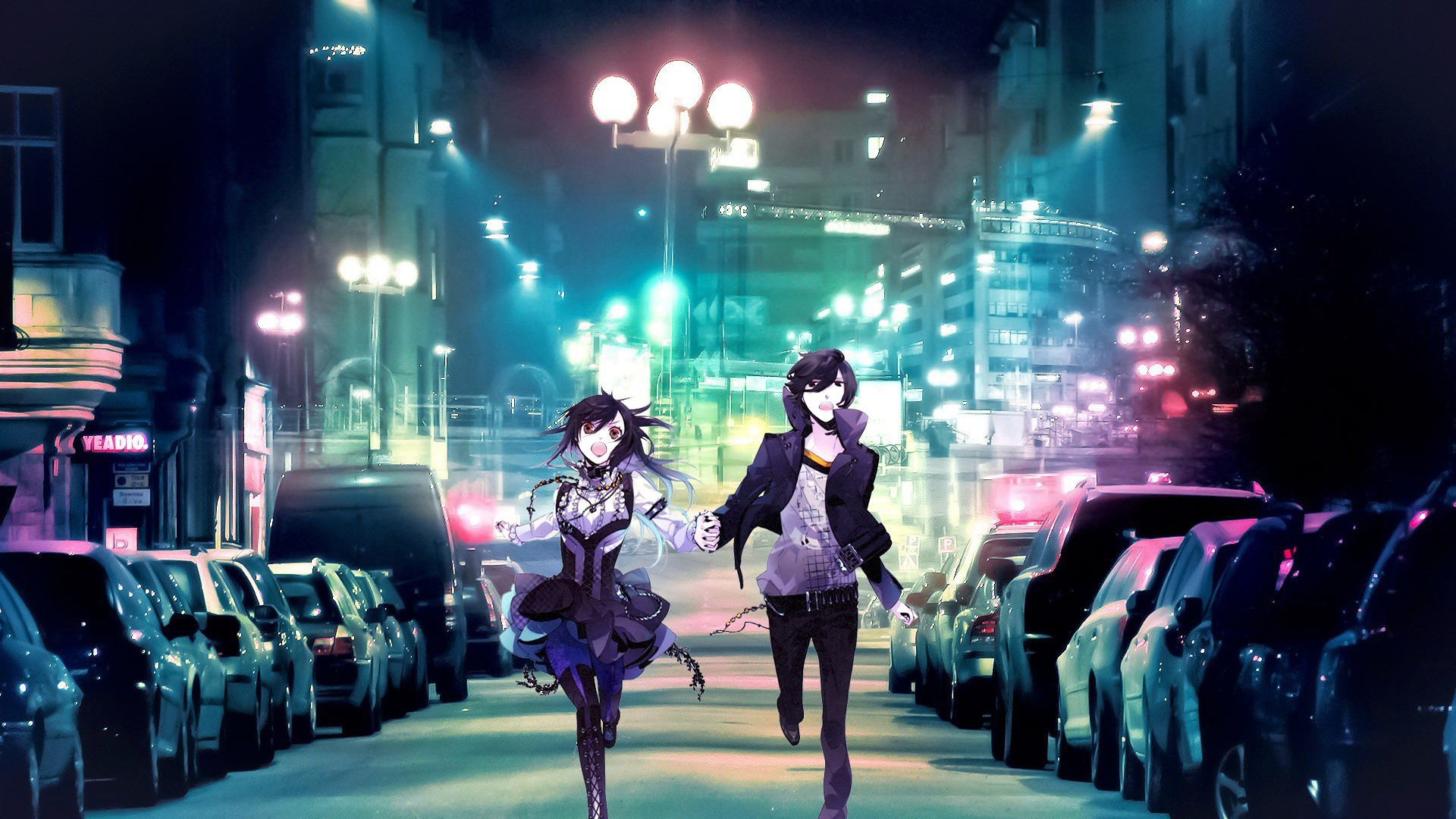 2885 Anime boy girl running city