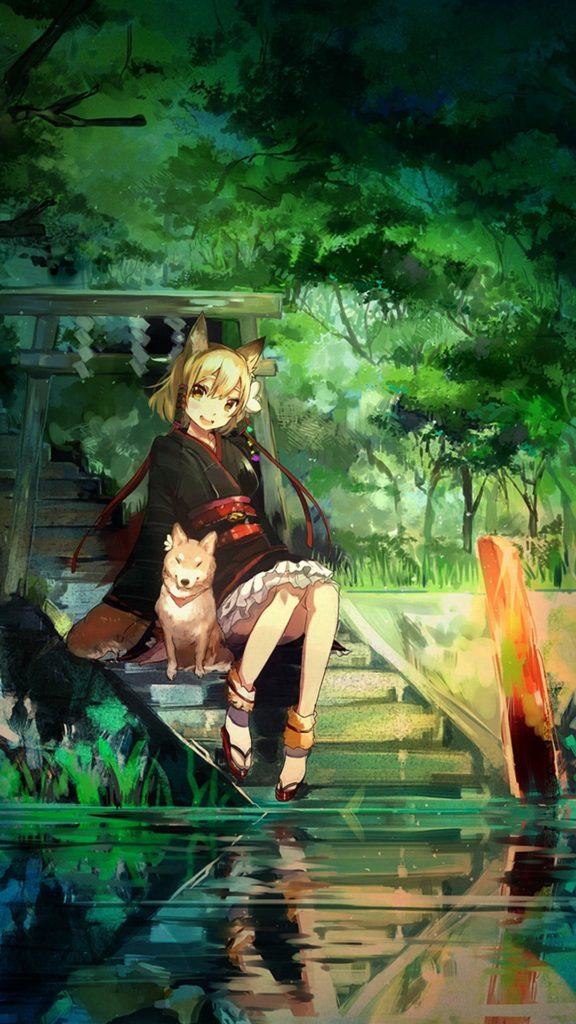 Girl And Dog Green Nature Anime Art Illust Iphone 6 Plus Wallpaper