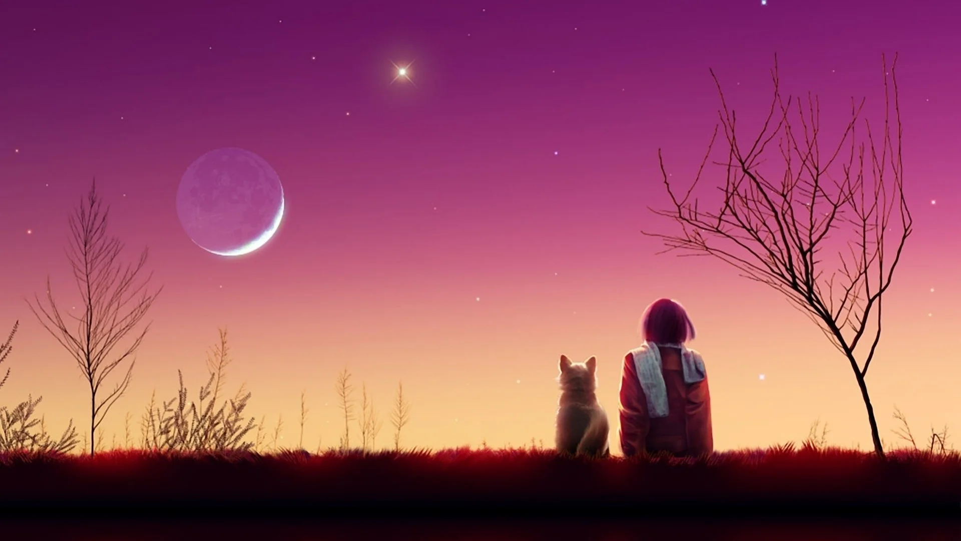 Preview wallpaper kagaya moon, anime, girl, cat, sunset, nature 1920×1080