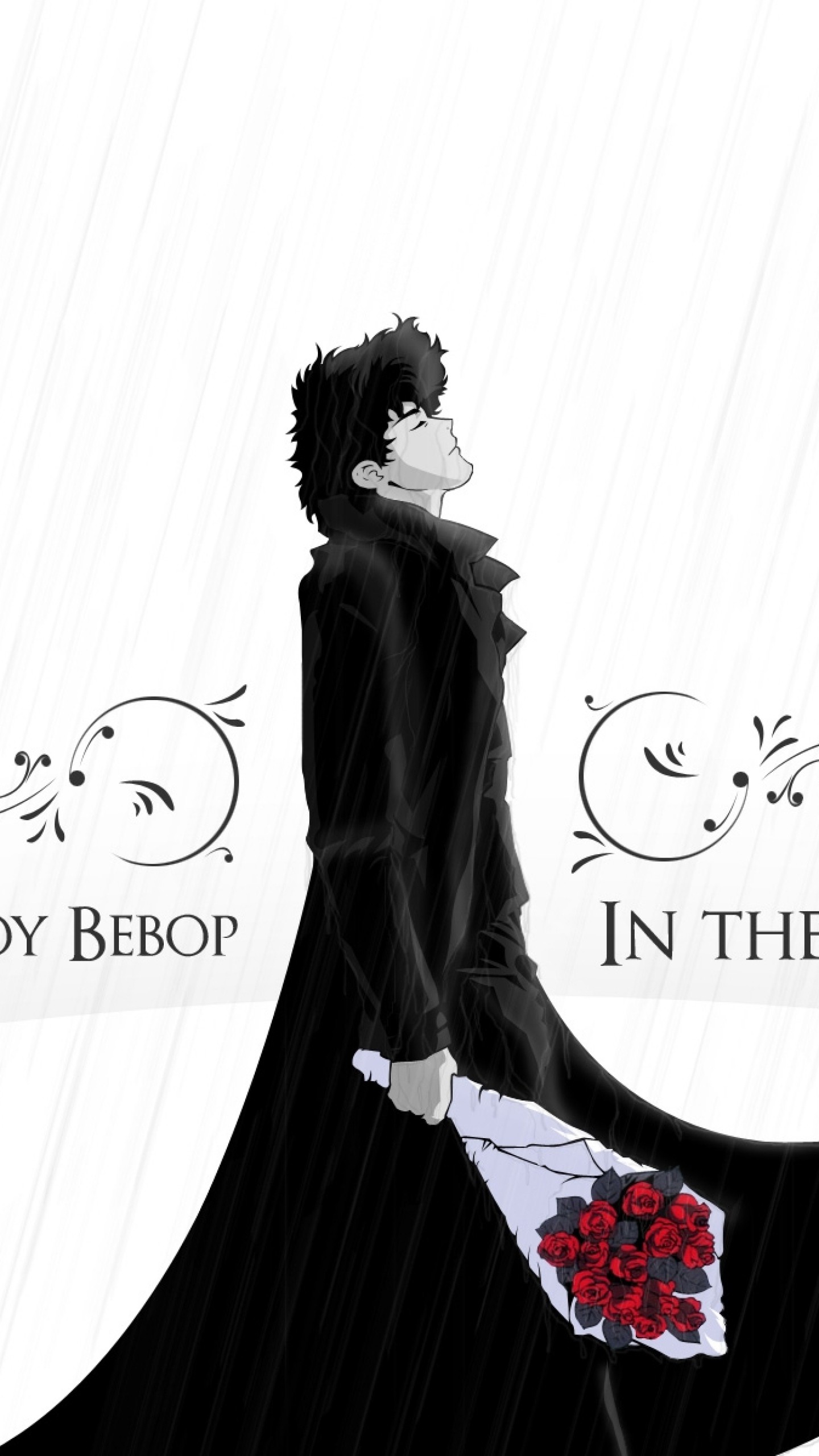 Preview wallpaper cowboy bebop, spike spiegel, guy, brunette, rain, flower,