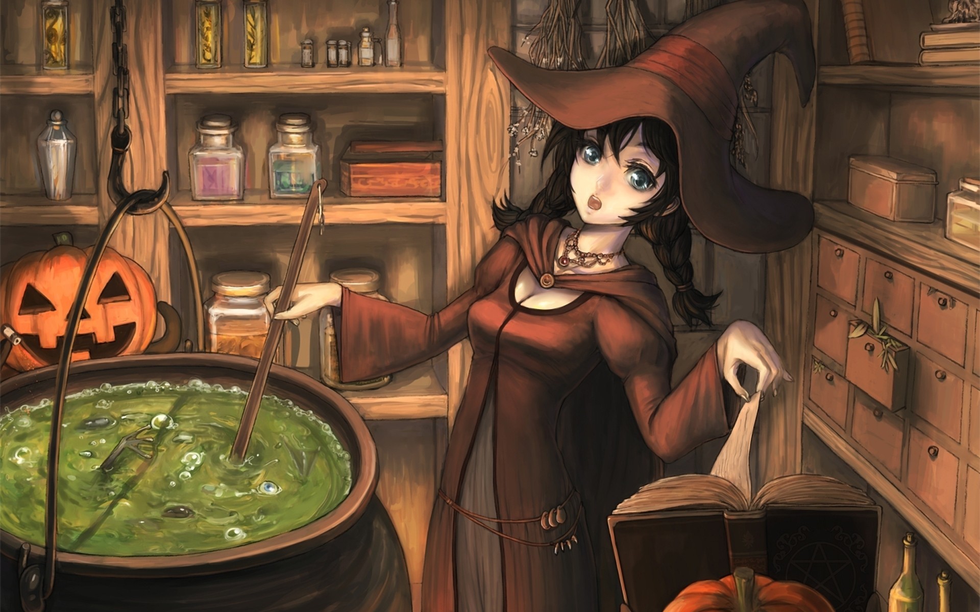 Halloween books hats anime girls pumpkins potion witches tiaras /  Wallpaper
