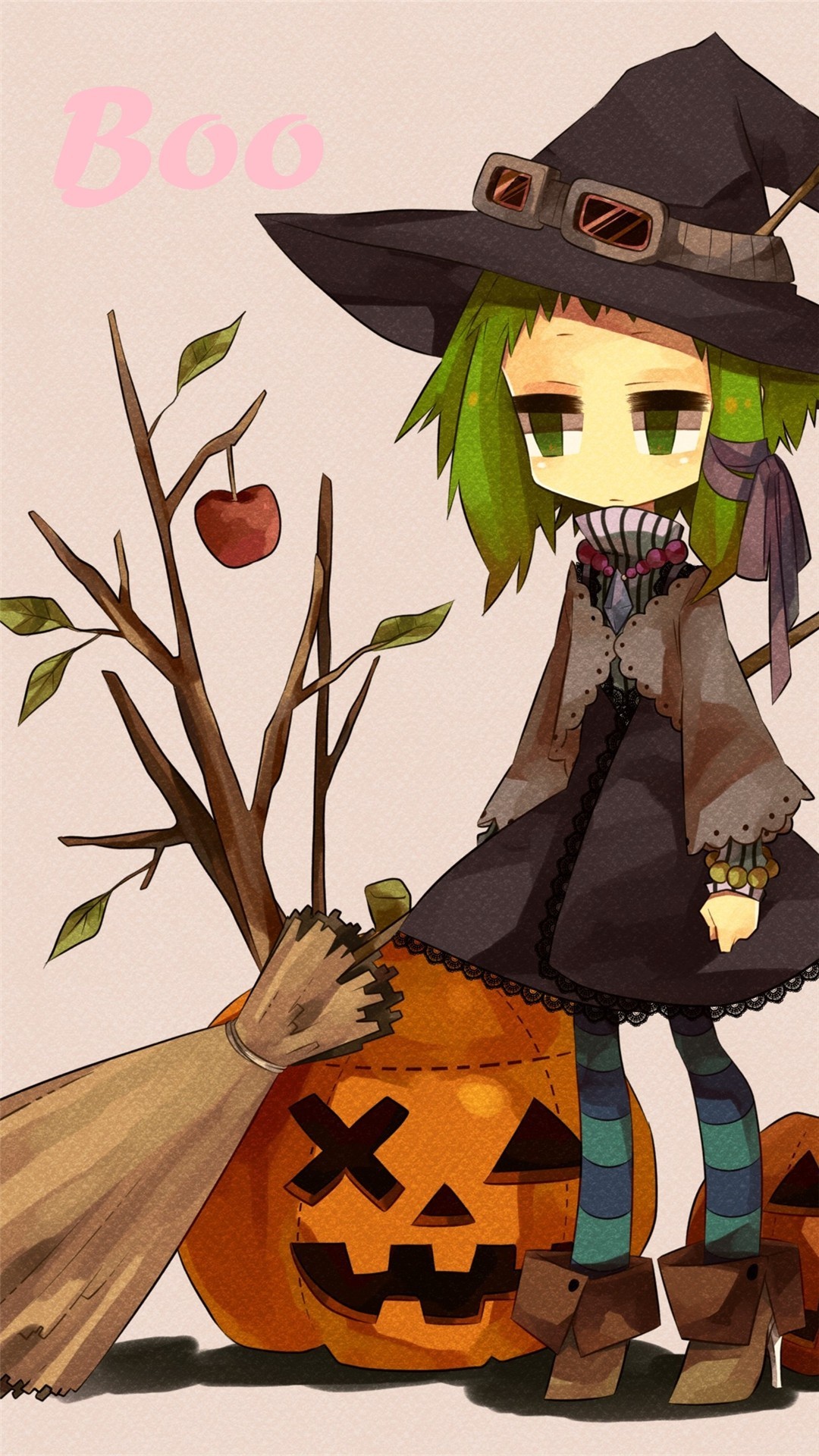 2014 Halloween BOO iPhone 6 plus wallpapers – girl, witch hat, broom,  pumpkin