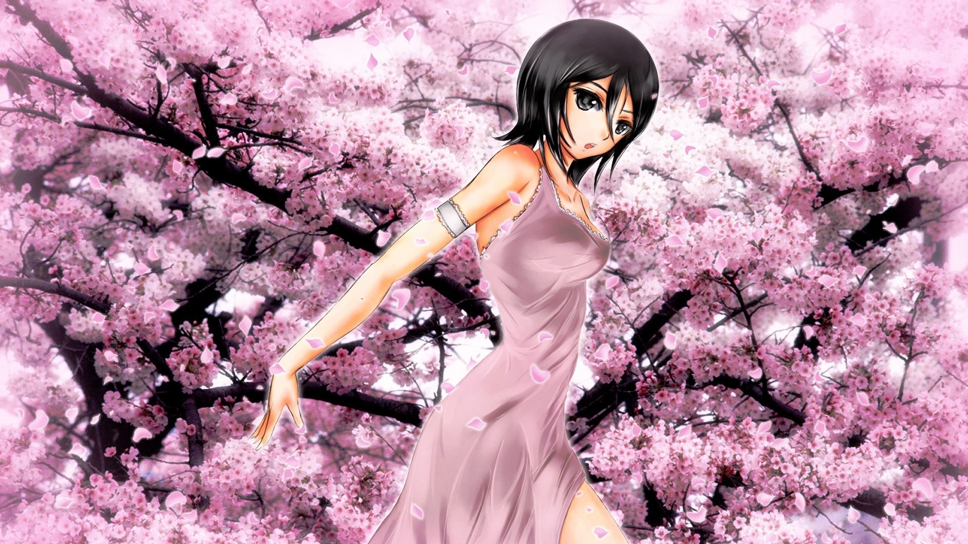 Wallpaper anime, girl, garden, flower, sakura, spring
