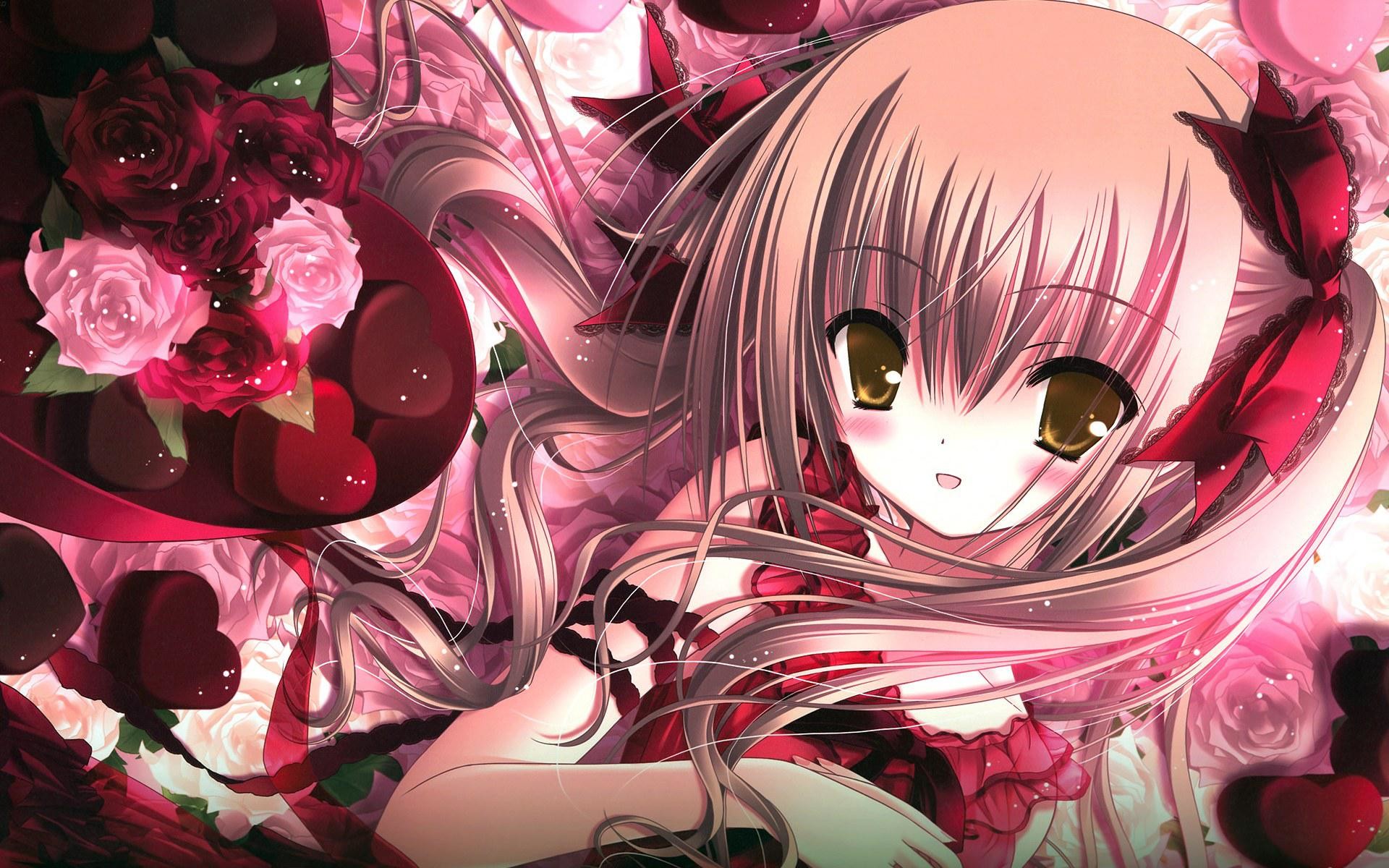 Blondes, dress, flowers, chocolate, ribbons, Valentines Day, anime – Free Wallpaper / WallpaperJam.com