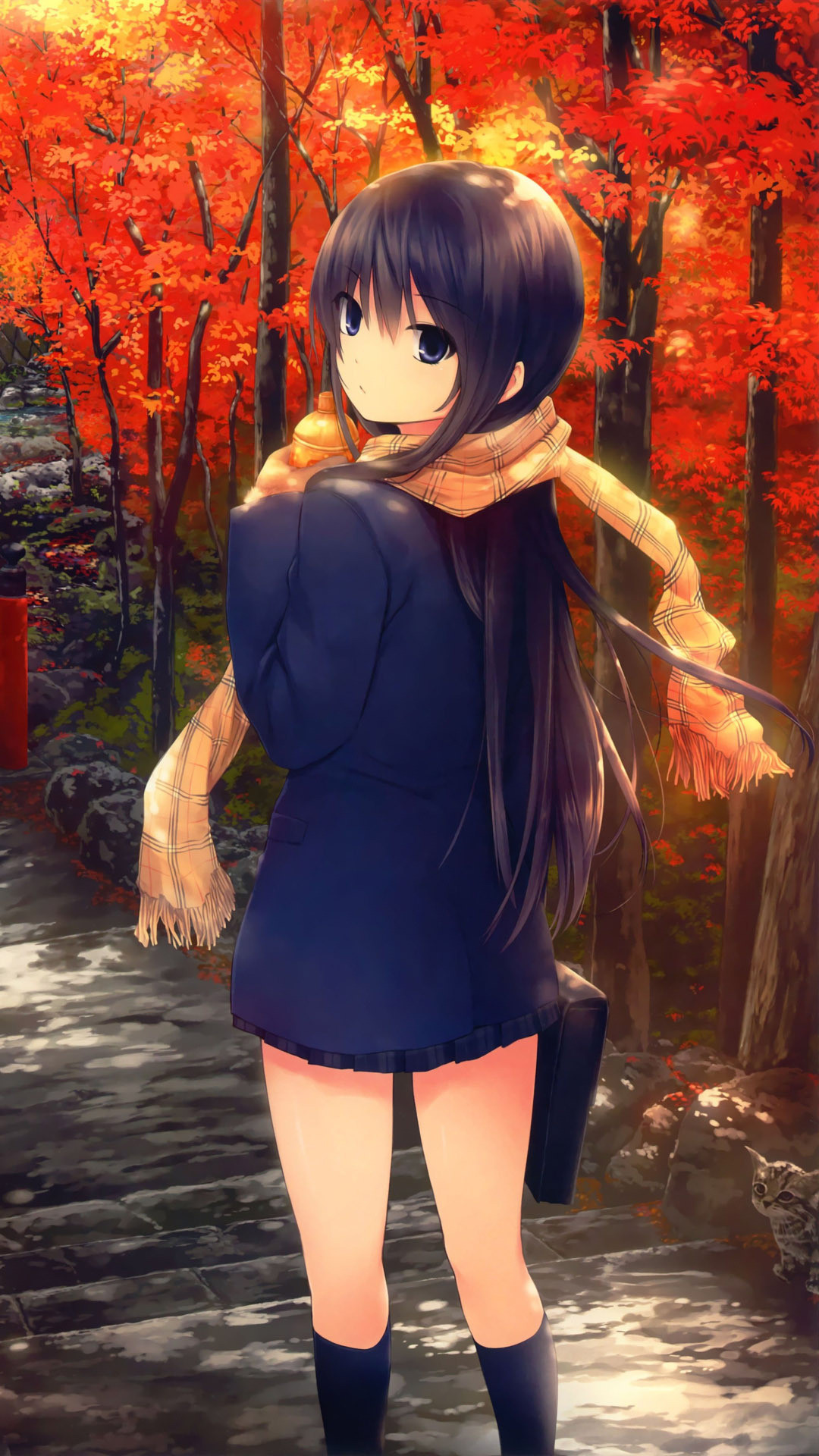 Girl walking on a fall day Anime mobile wallpaper