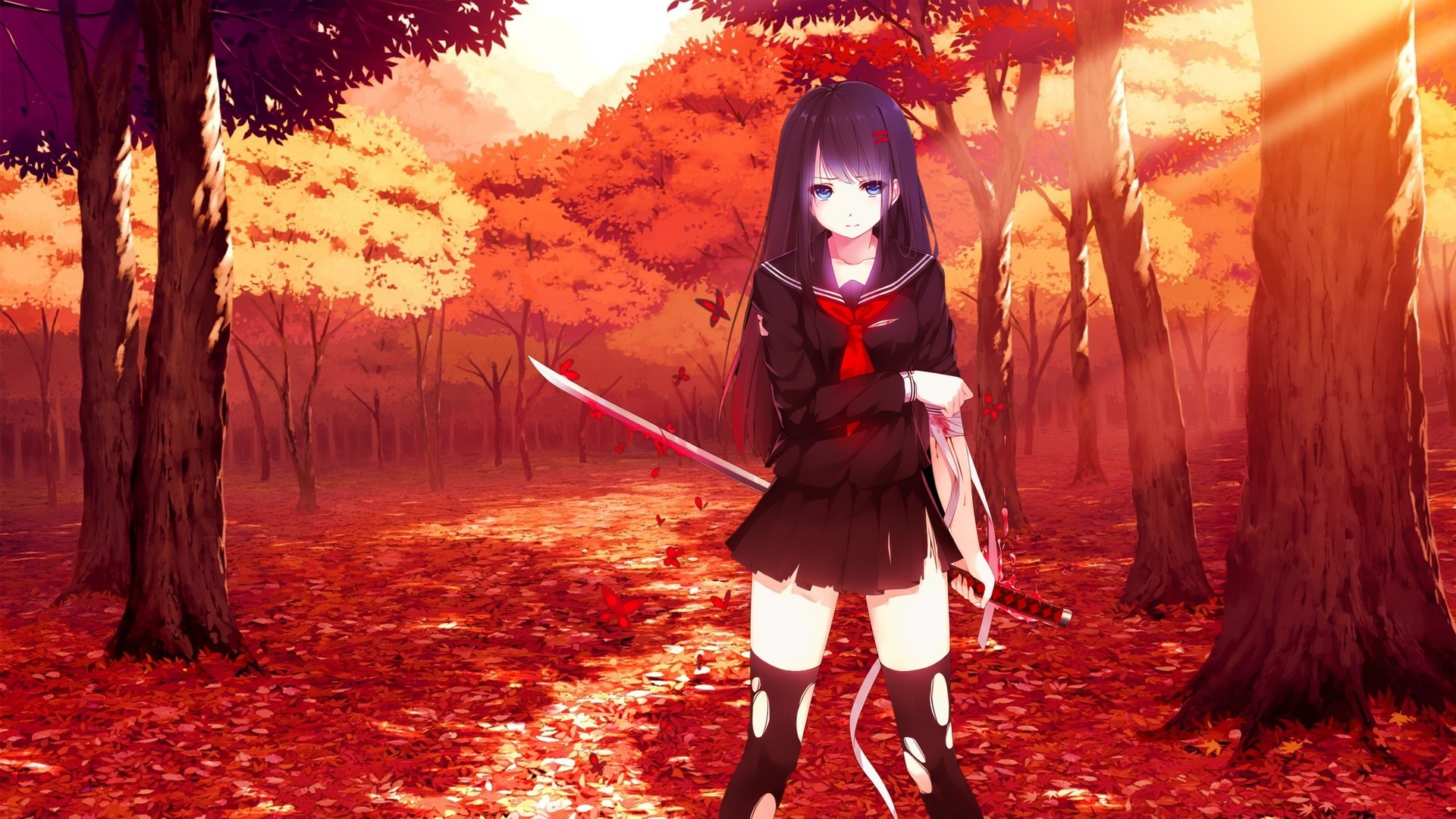 Anime anime Japanese Art sword katana school uniform fall trees  black hair long hair blue