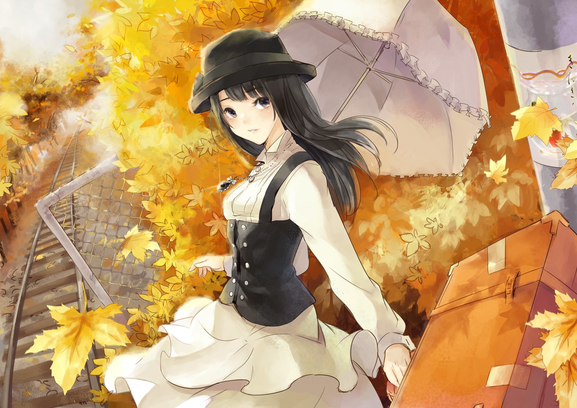 Girl dress hat umbrella leaf anime girl autumn-leaf wallpaper | |  653259 | WallpaperUP