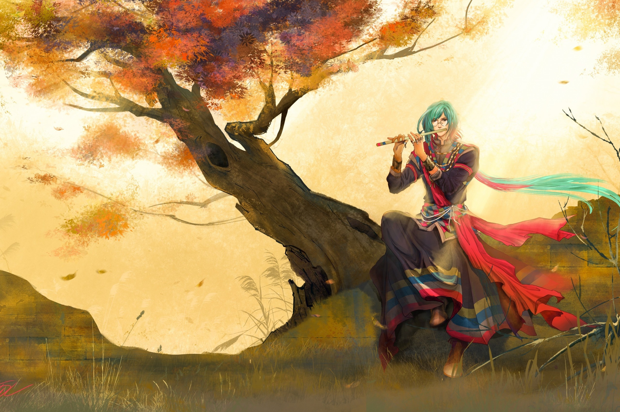 Anime Boy, Flute, Oriental, Fall, Long Hair, Tree, Scenic,