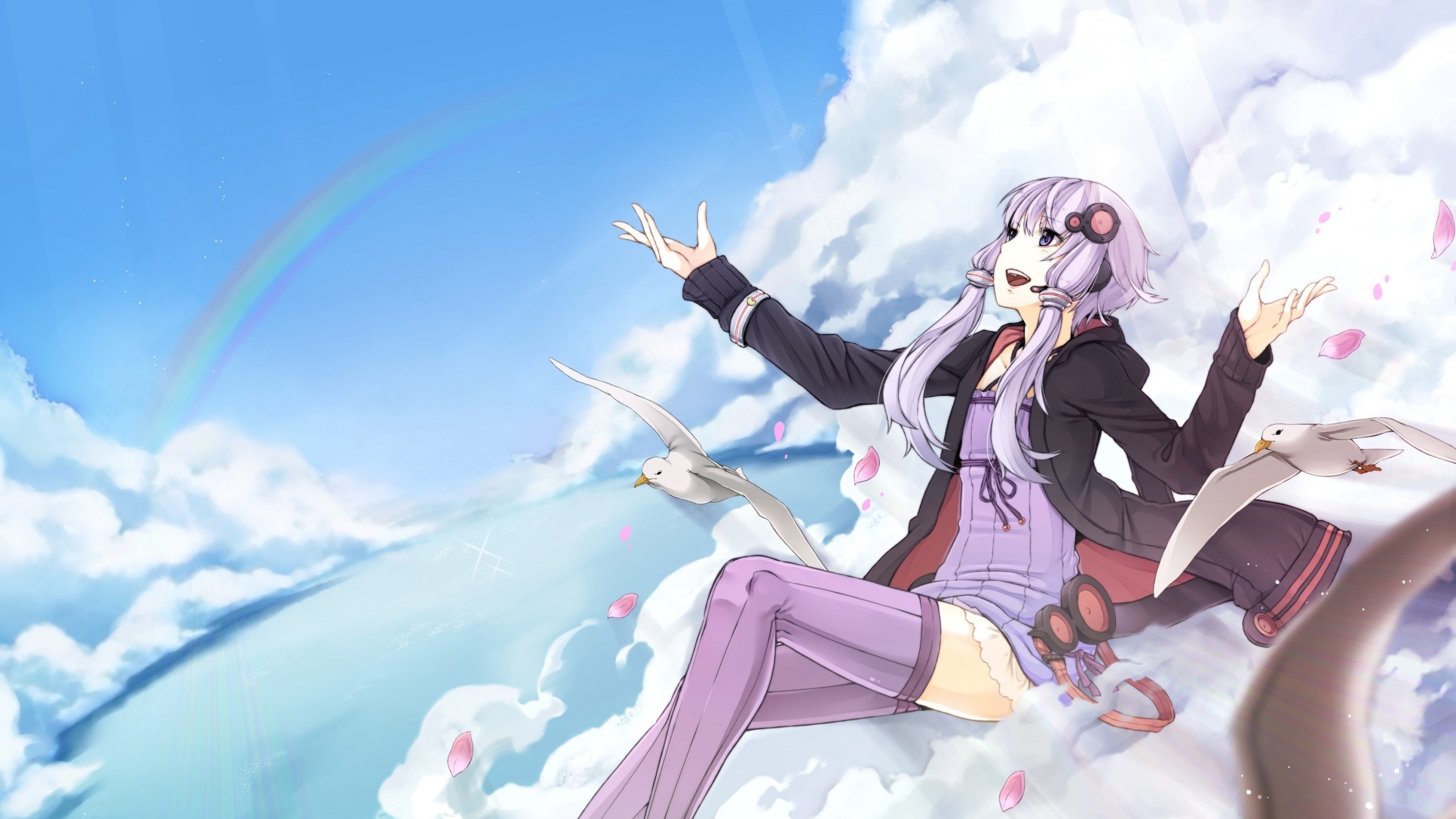 Wallpaper anime, girl, flying, bird, sky