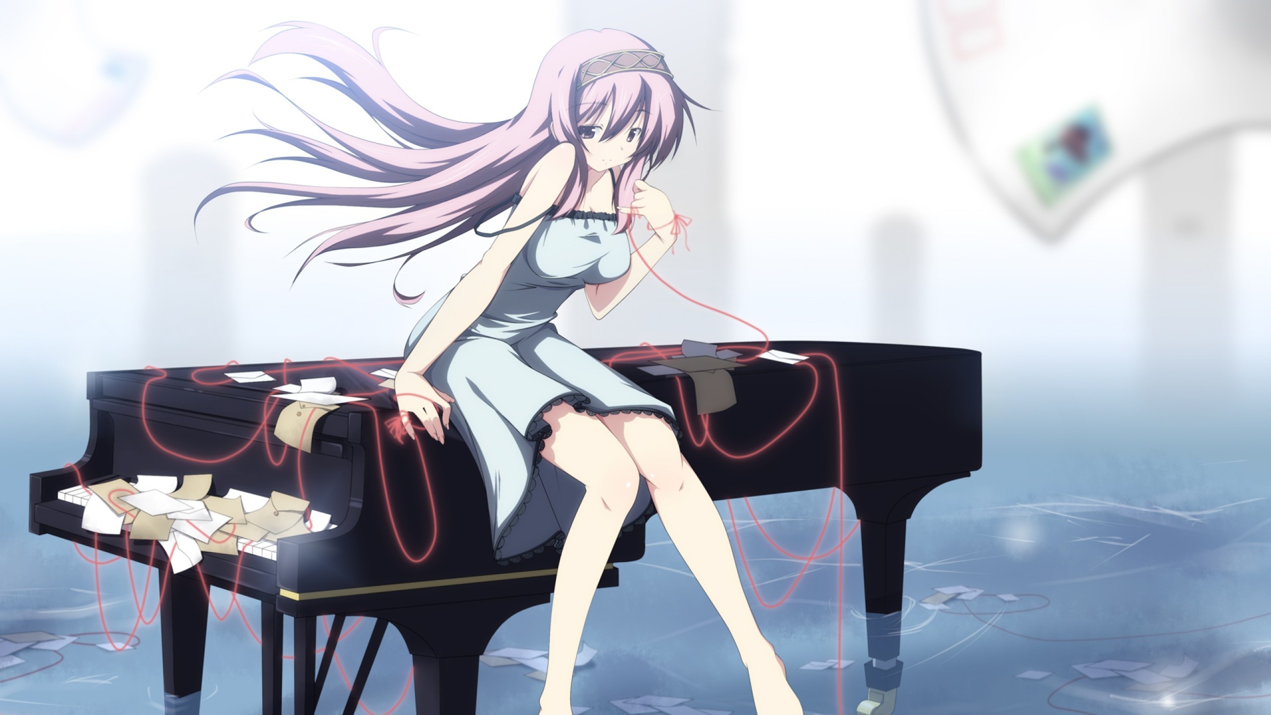 Wallpaper anime, girl, piano, paper, rope, sadness