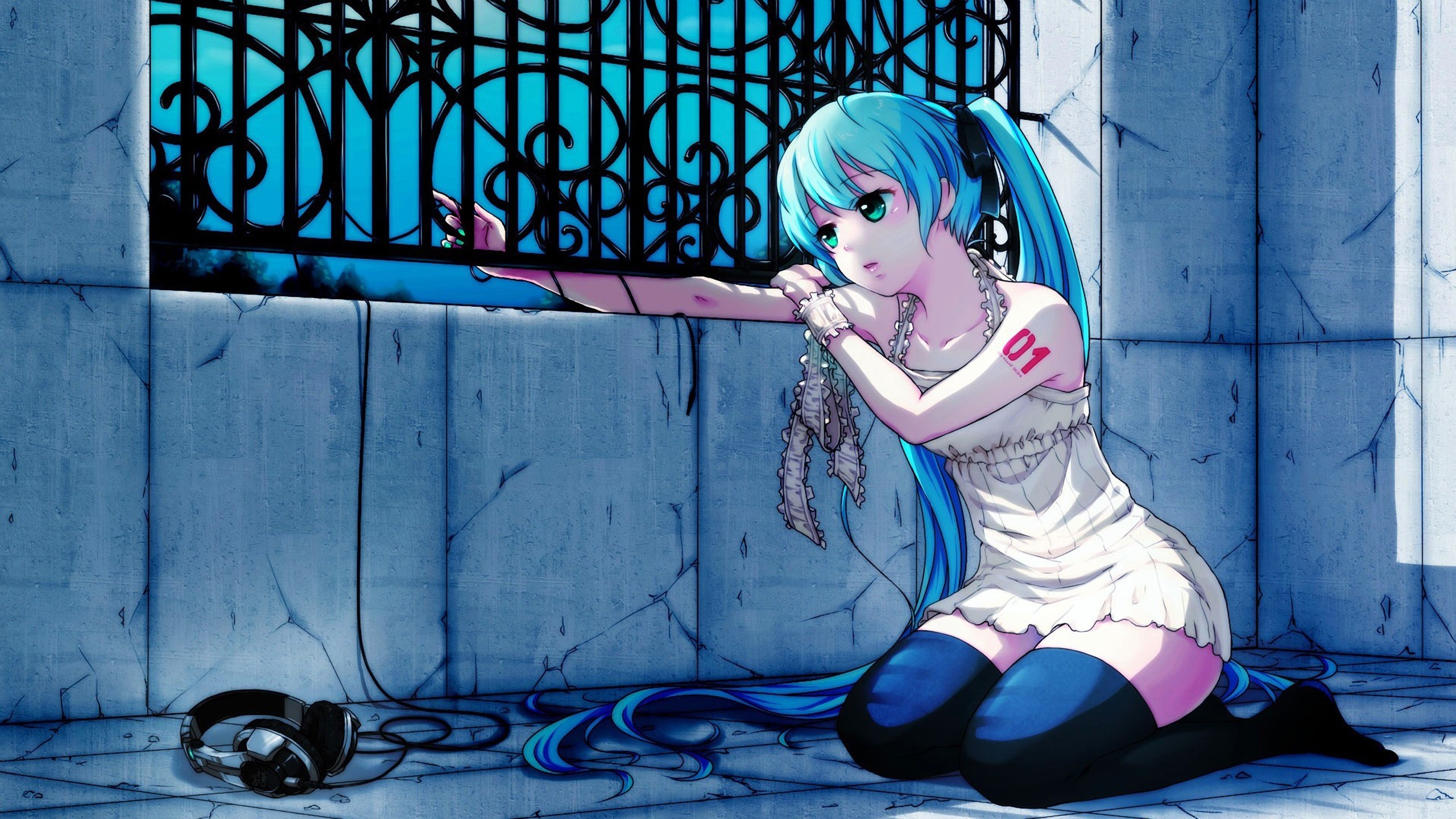 Wallpaper anime, girl, hair, headphones, sadness, fence