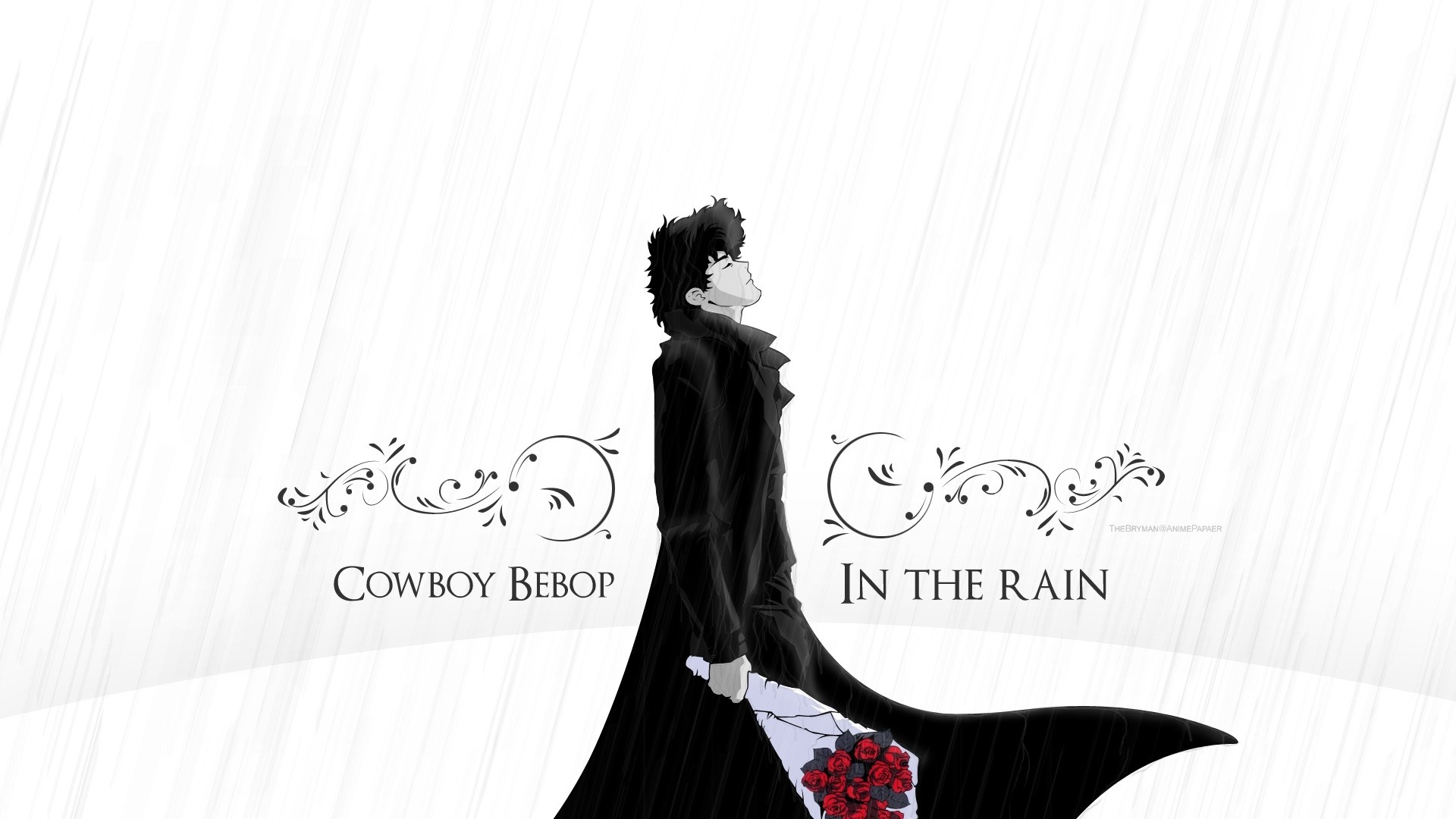 Preview wallpaper cowboy bebop, spike spiegel, guy, brunette, rain, flower,