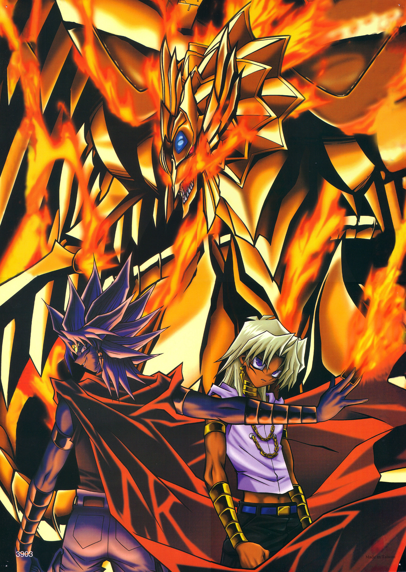 Well theres not many Yu Gi Oh This is one of the few Yu Gi Oh The Duel Monster in the background is The Winged Dragon of Ra. The characters are Yami Malik