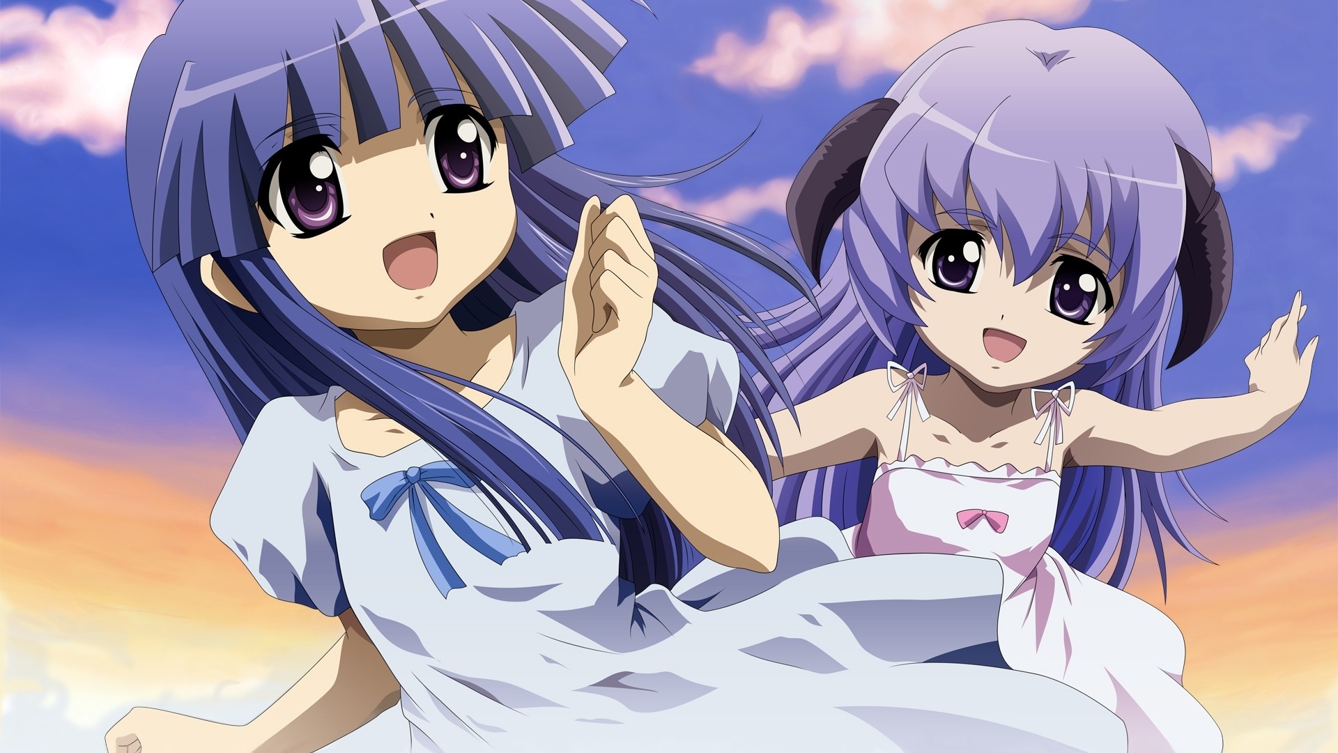 Preview wallpaper anime, happy, girls, cute, flying, wind, sky 1920×1080