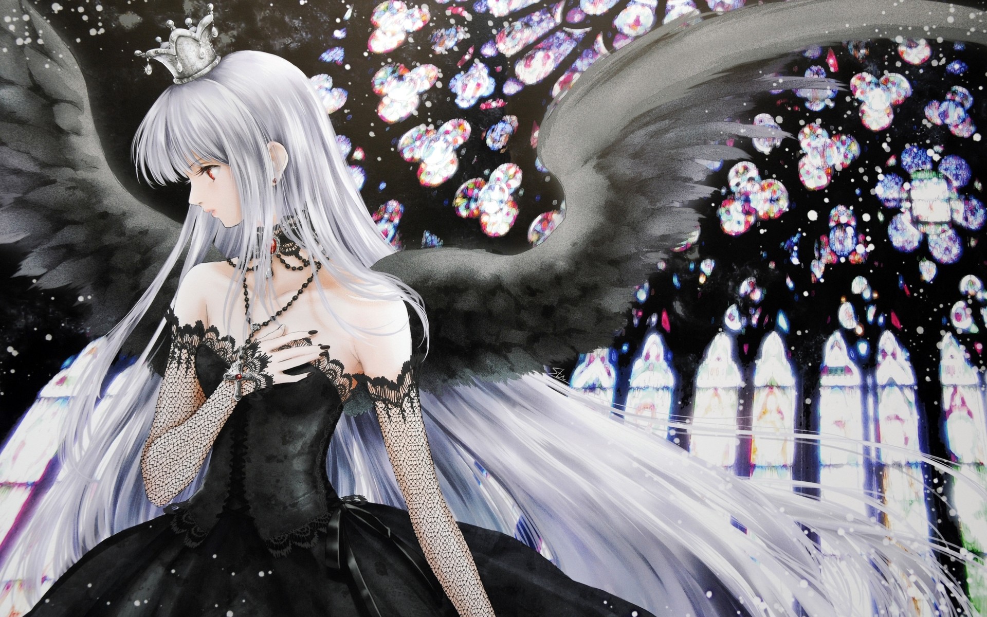 Black lights long hair Gothic red eyes necklaces crowns gothic dress angel wings anime girls silver hair black nail polish looking away