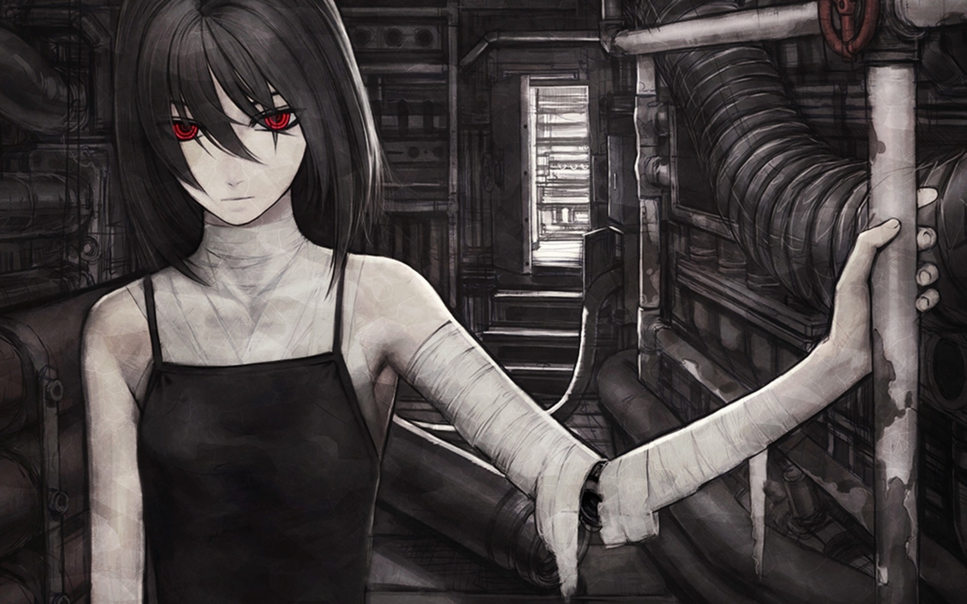 Anime Girls Artwork Cyborgs Dark Horror Iwai Ryo Red Eyes