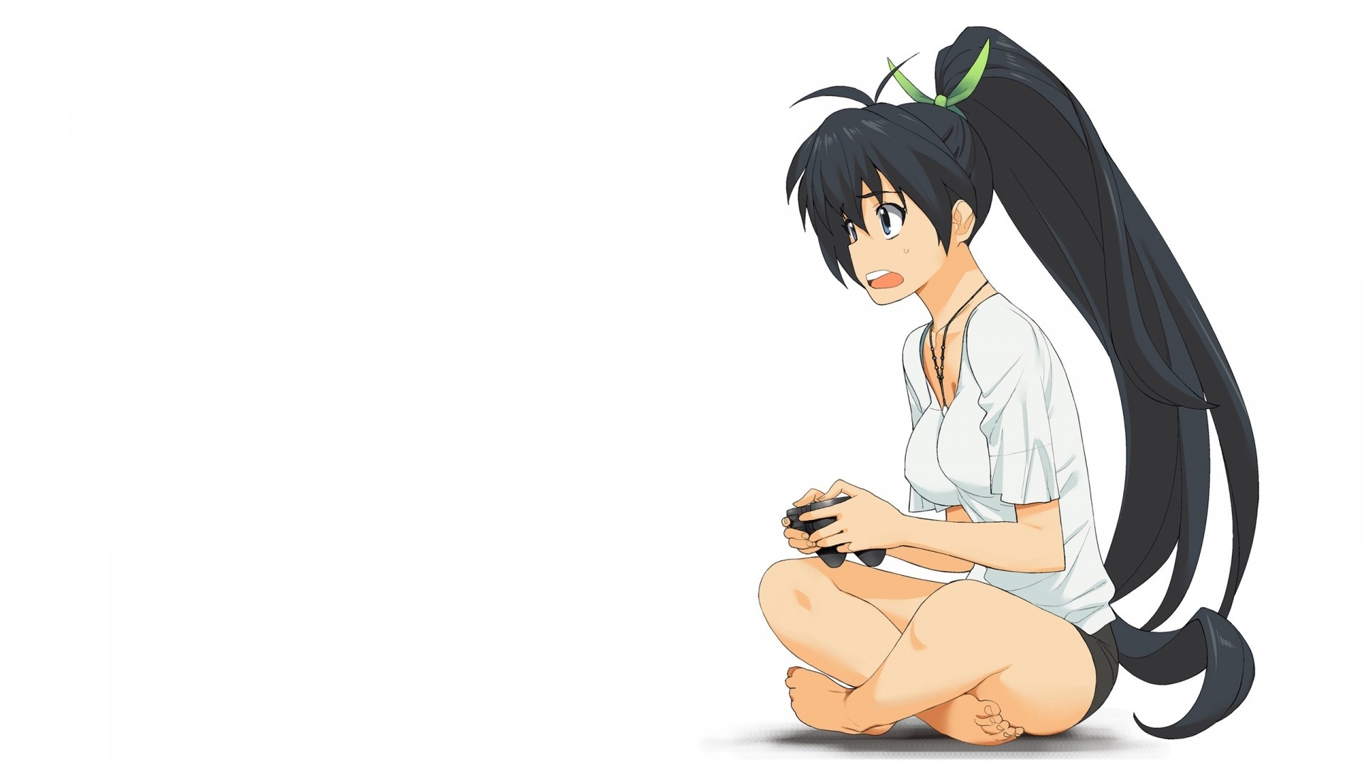 Wallpaper anime, girl, brunette, shirt, game console, irritation