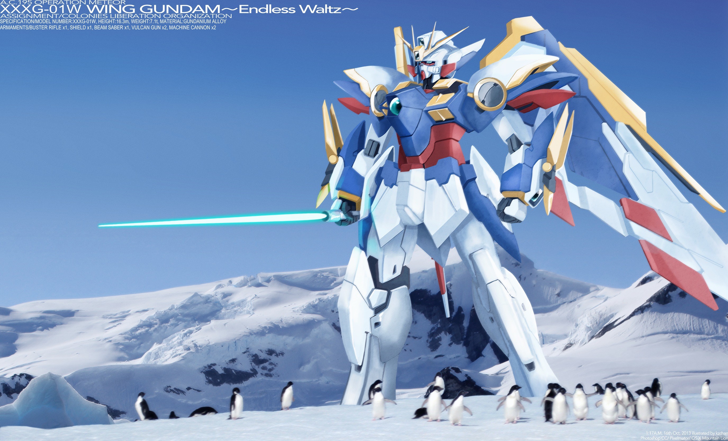 Wallpaper of Wing Gundam hanging out with some Penguins