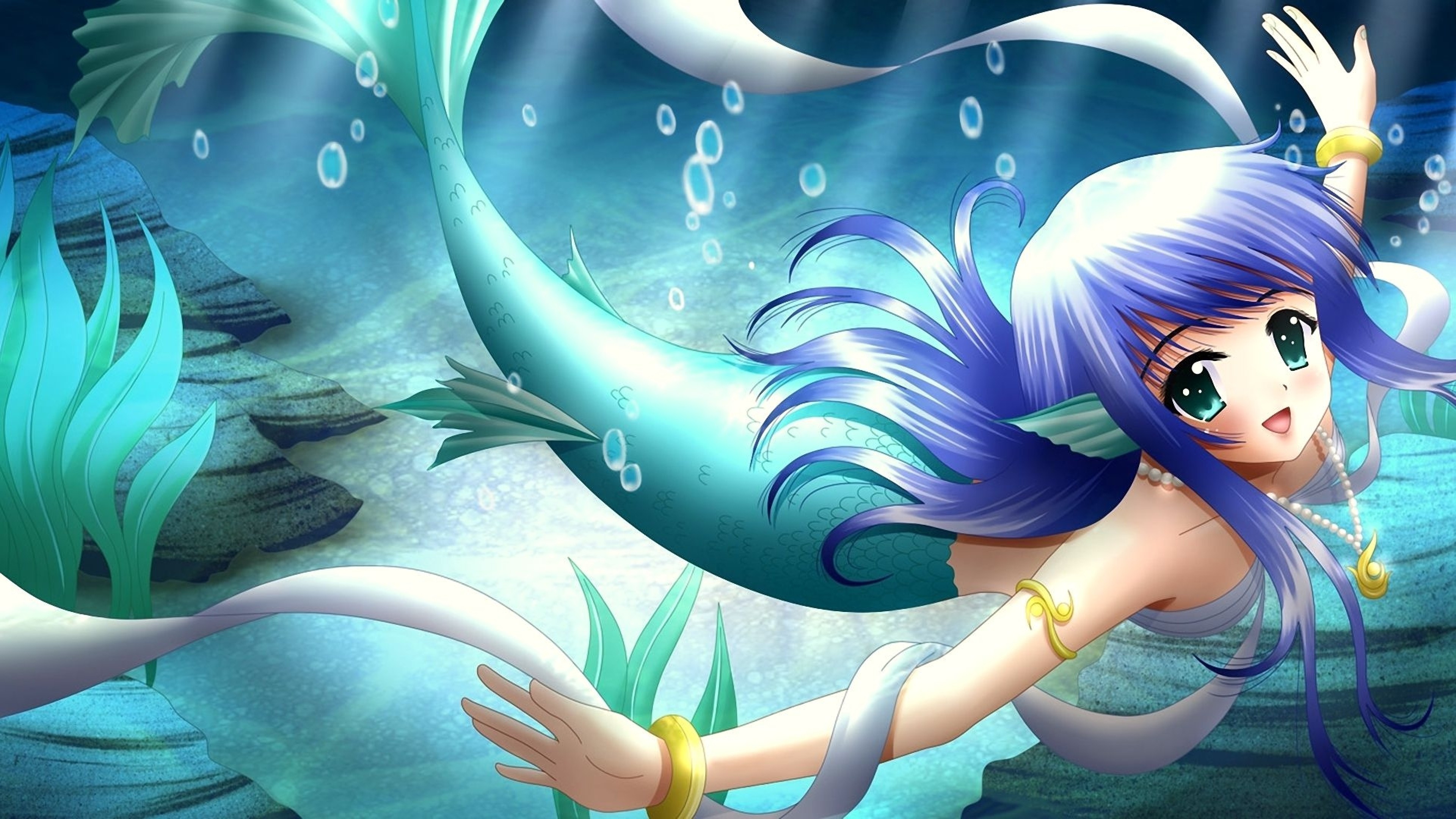 Preview wallpaper anime, girl, mermaid, tail, smile 3840×2160