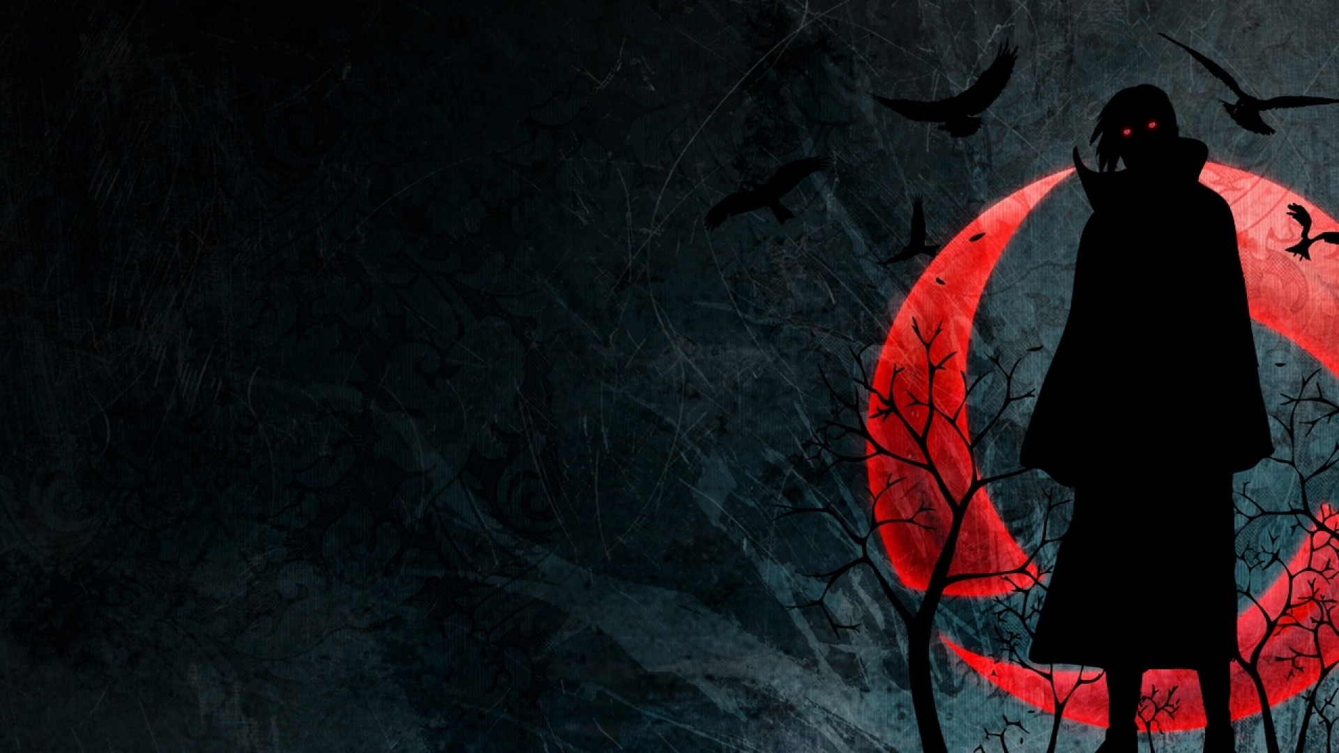 Preview wallpaper naruto, uchiha itachi, sharingan, figure, night, red moon,