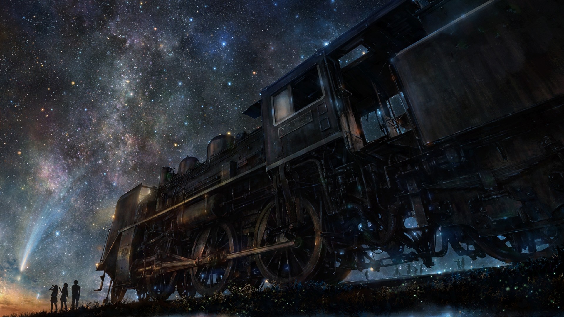 Wallpaper iy tujiki, art, night, train, anime, starry sky