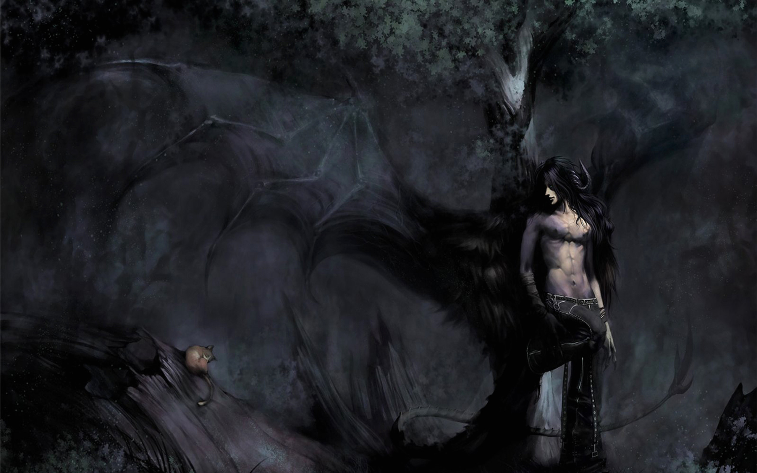 Anime Boy A Demon Horns Wings Dark Cat Forest Graphic 1360101 Wallpaper  wallpaper